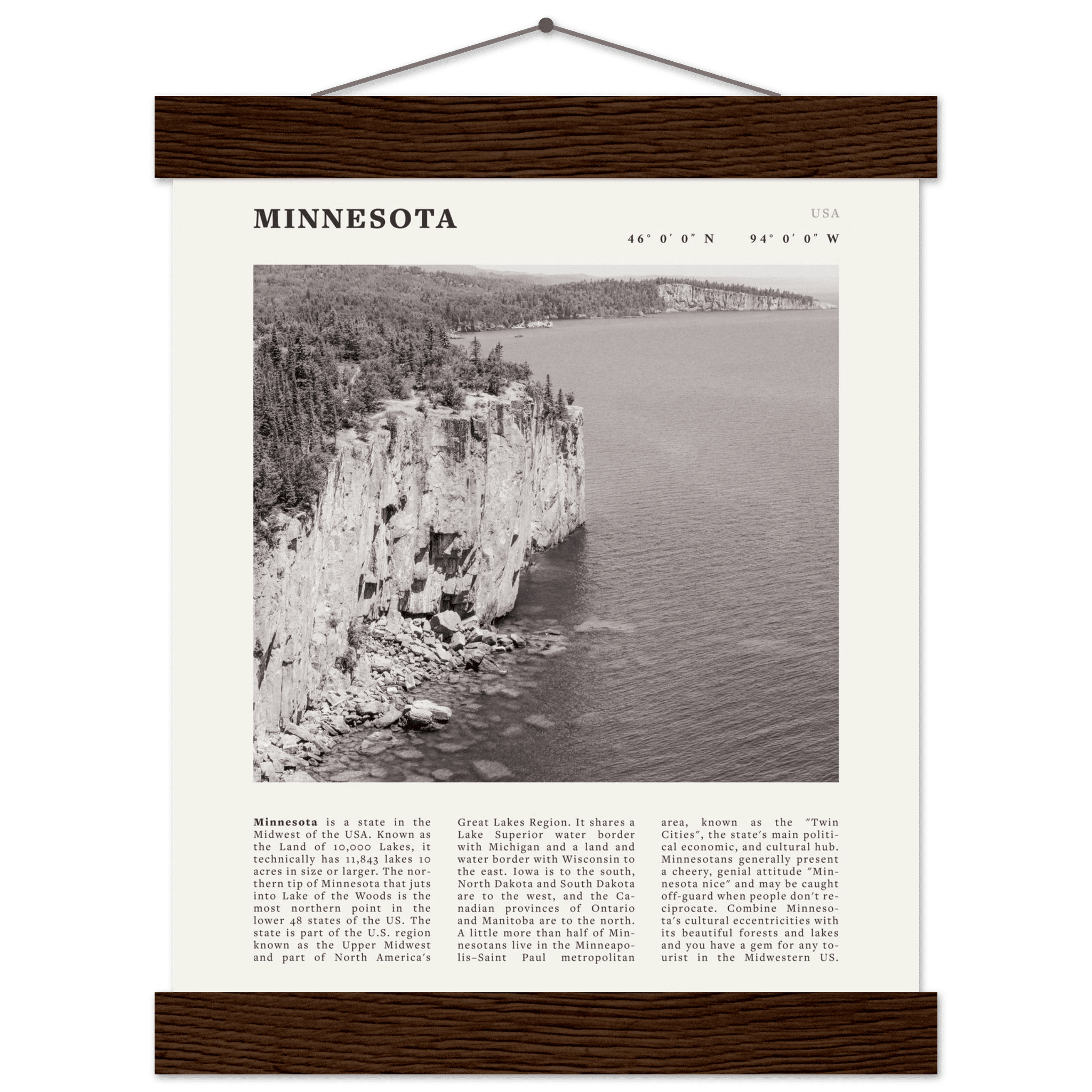 Minnesota Poster | Black & White Lake Superior Wall Art | USA Nature Travel Print - Evergreen Posters