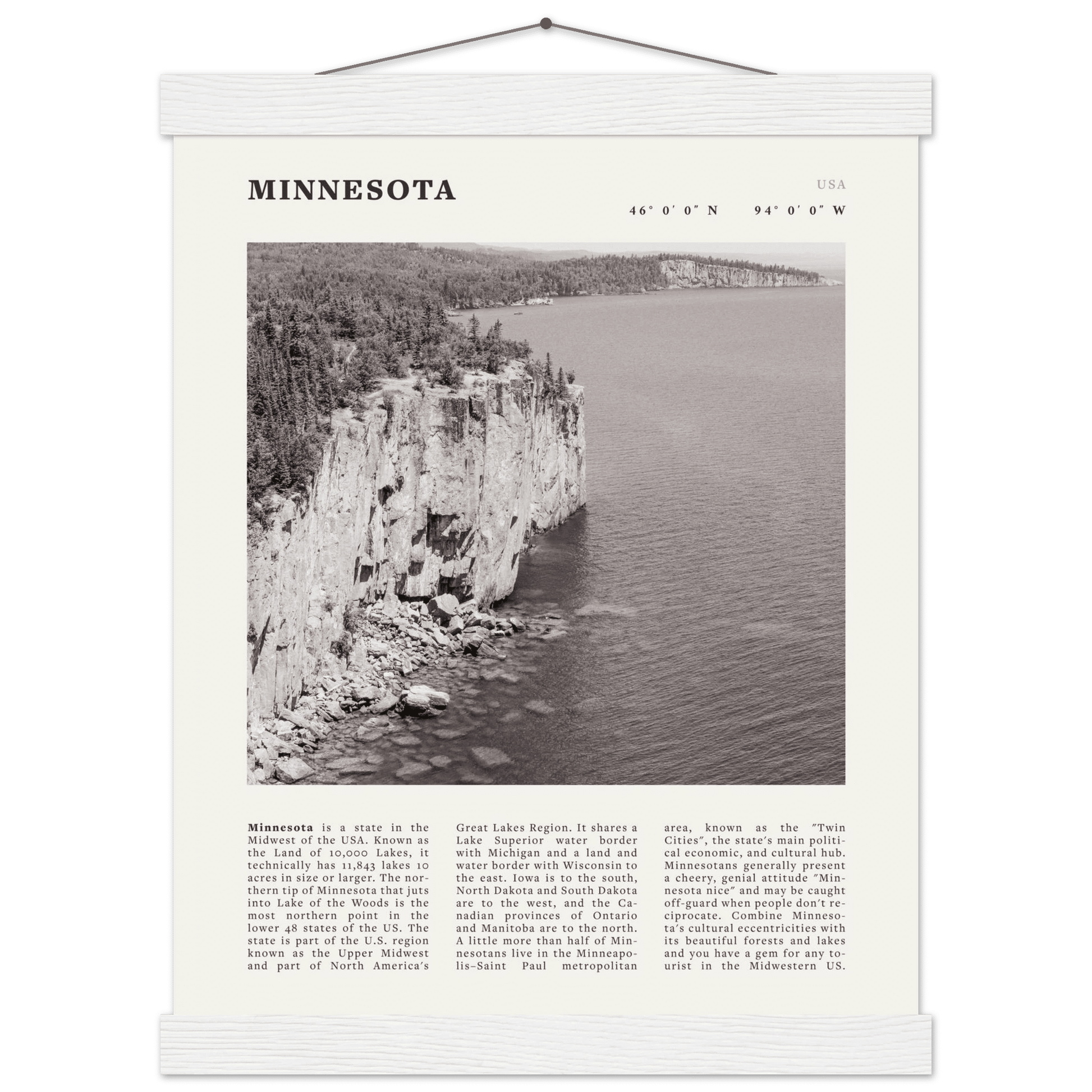 Minnesota Poster | Black & White Lake Superior Wall Art | USA Nature Travel Print - Evergreen Posters