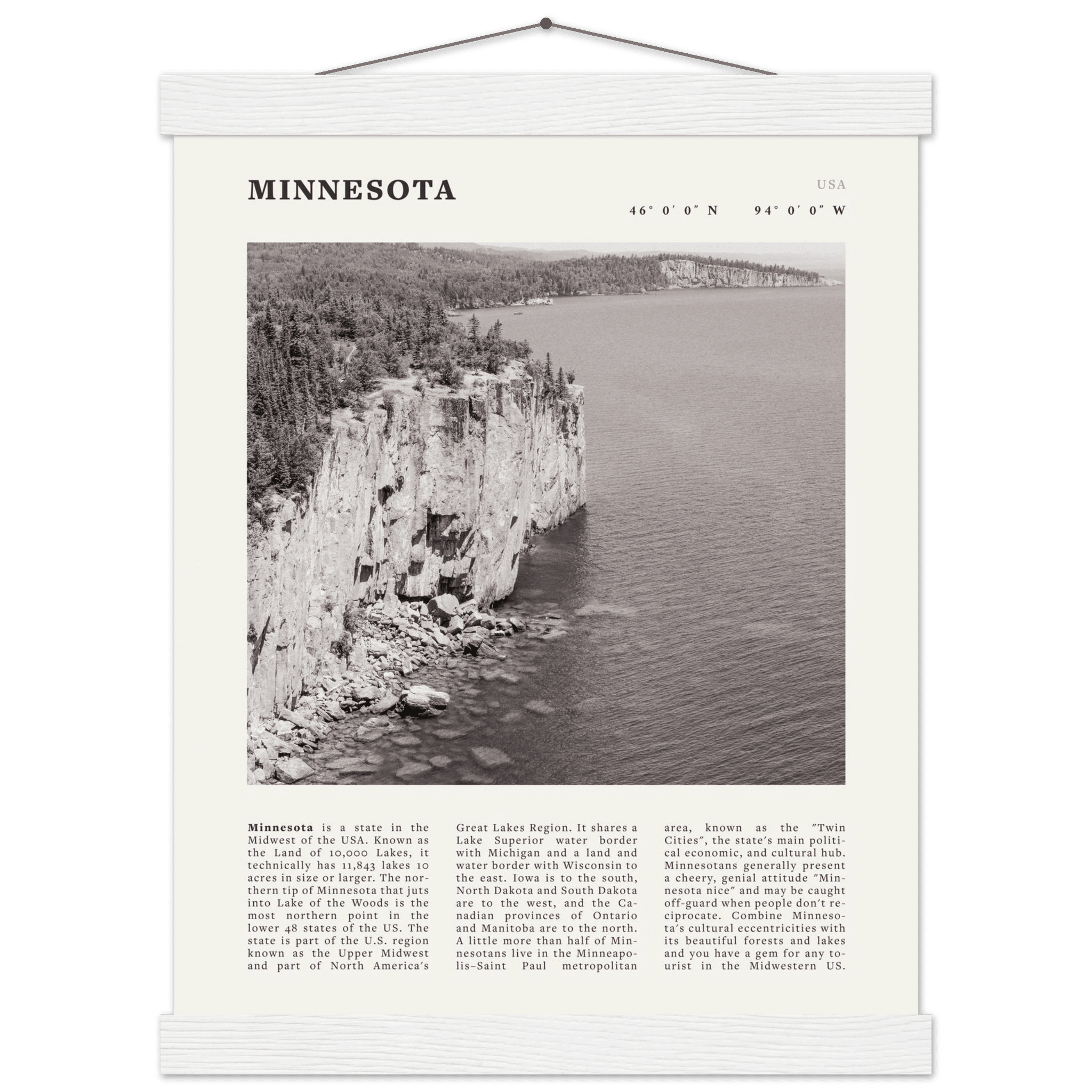 Minnesota Poster | Black & White Lake Superior Wall Art | USA Nature Travel Print - Evergreen Posters