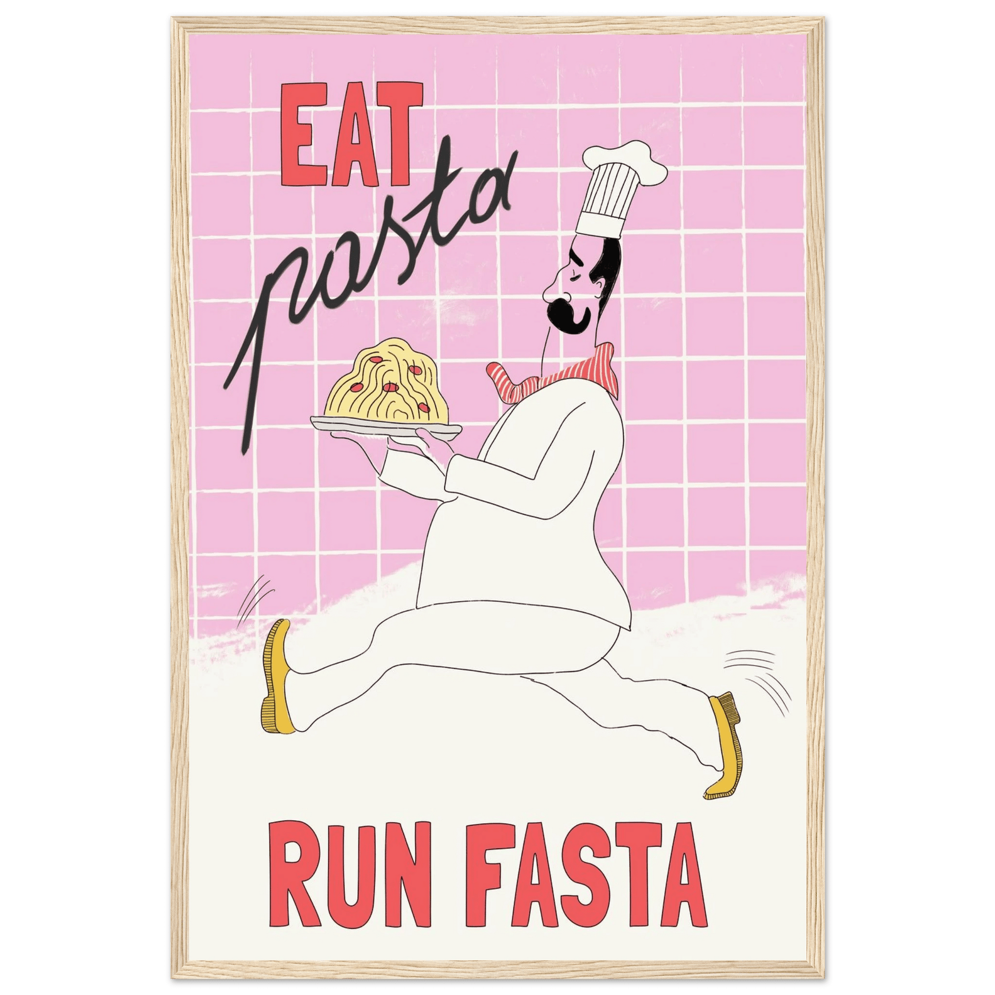 Eat Pasta Run Fasta Poster – Playful Kitchen Wall Art Print (Light Pink) - Evergreen Posters