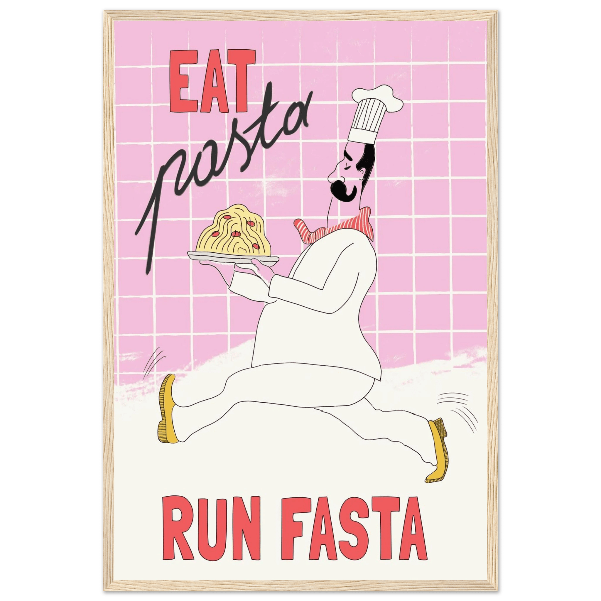 Eat Pasta Run Fasta Poster – Playful Kitchen Wall Art Print (Light Pink) - Evergreen Posters