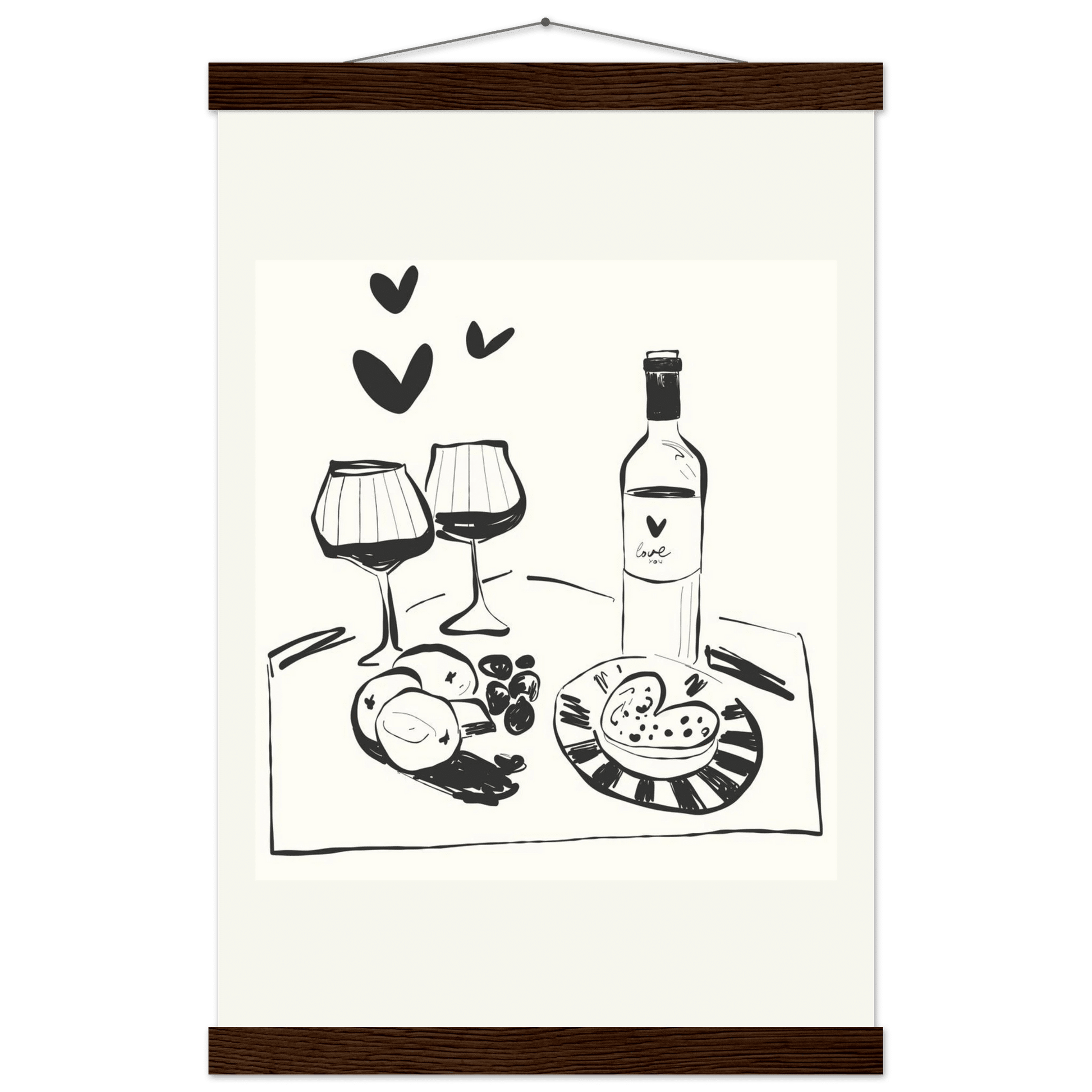 Wine for Two Print | Black Line Art Romantic Kitchen Wall Art | Couples Poster - Evergreen Posters