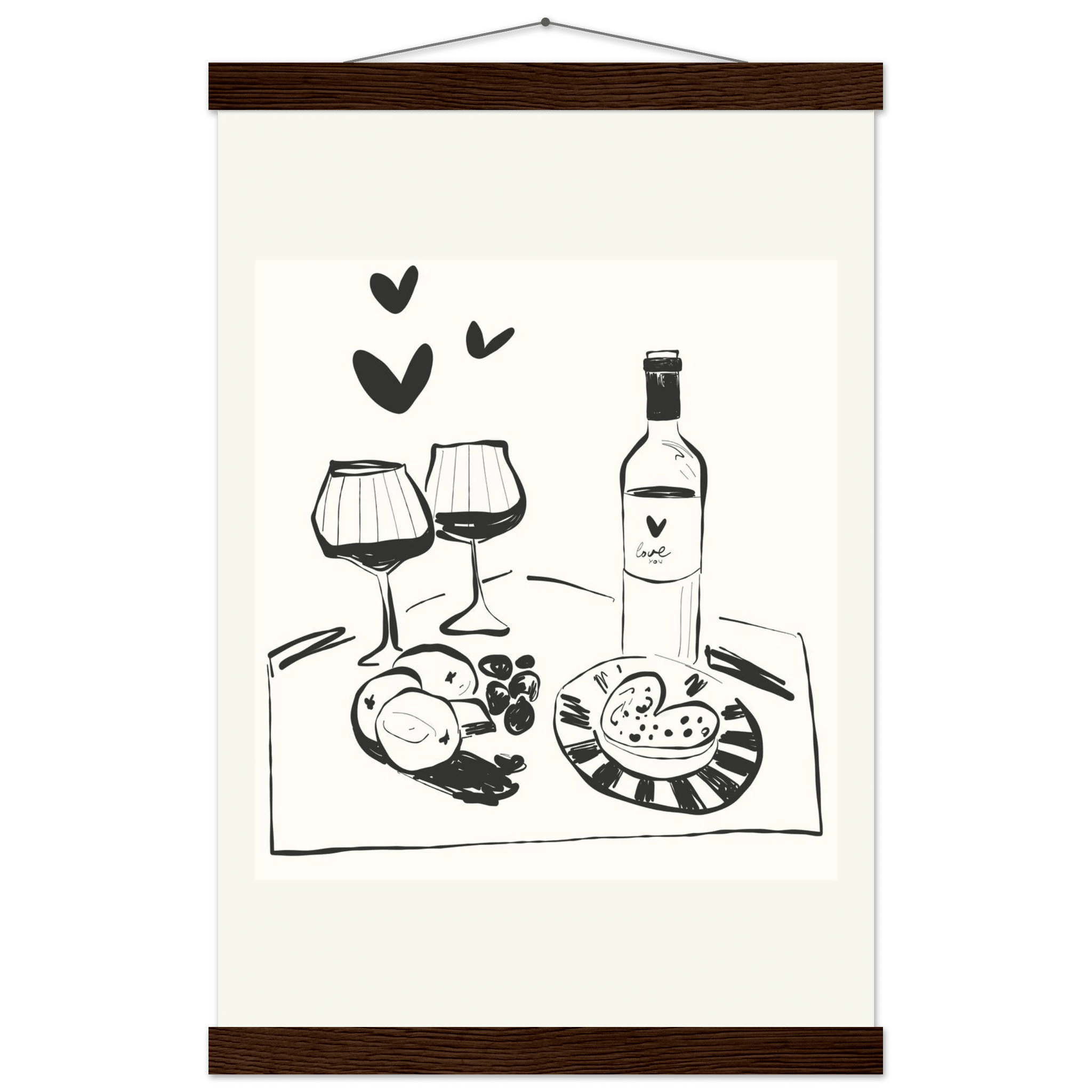 Wine for Two Print | Black Line Art Romantic Kitchen Wall Art | Couples Poster - Evergreen Posters