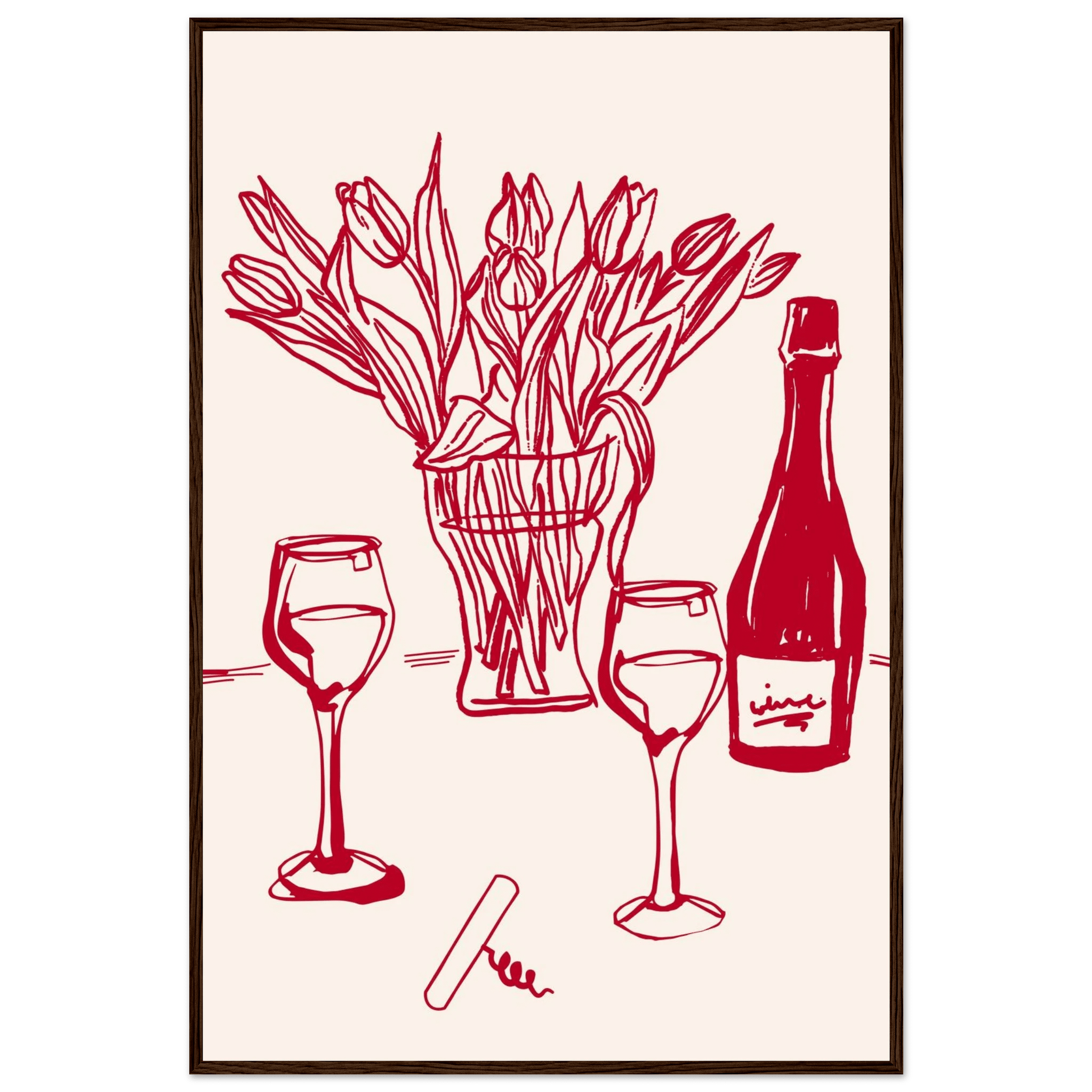Red Wine & Tulips Print | Line Art Wine Bottle Wall Art | Kitchen Poster - Evergreen Posters