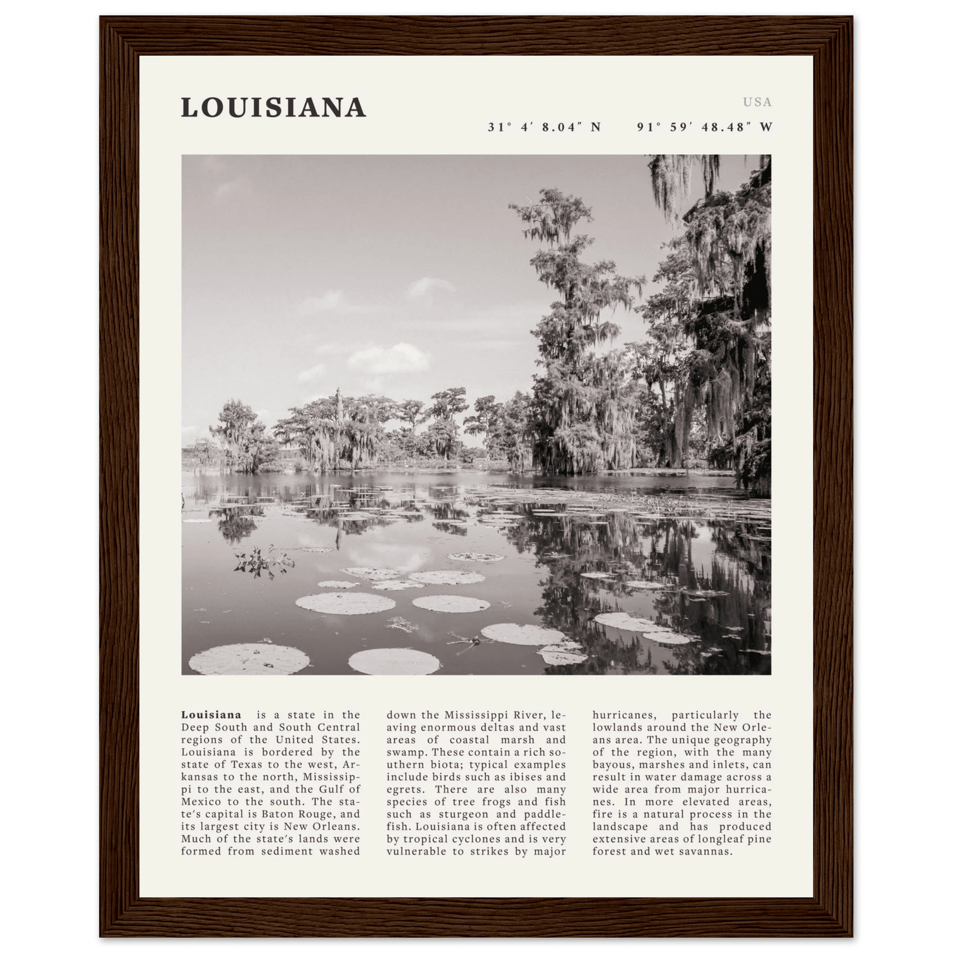 Louisiana Poster | Black & White Bayou Wall Art | Southern USA Travel Print Decor - Evergreen Posters