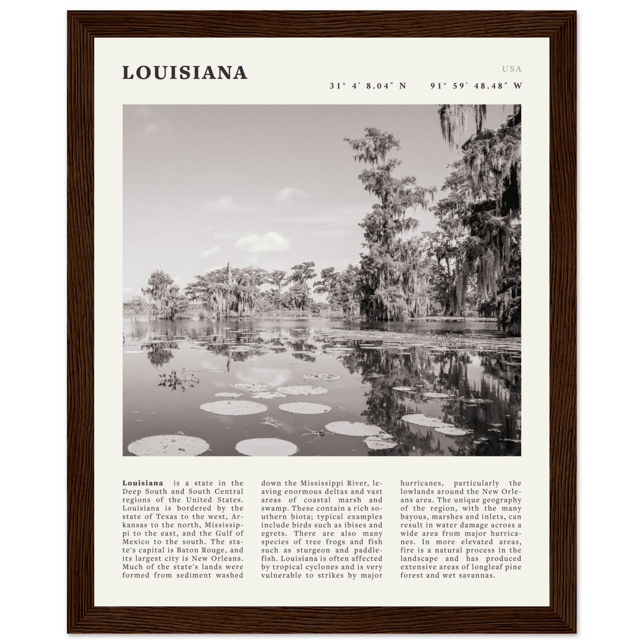 Louisiana Poster | Black & White Bayou Wall Art | Southern USA Travel Print Decor - Evergreen Posters