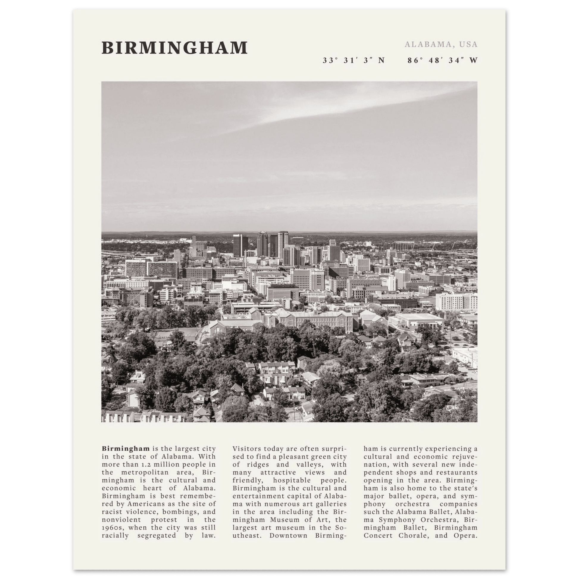 Birmingham Poster | Black & White Alabama Skyline Wall Art | AL Travel Print - Evergreen Posters