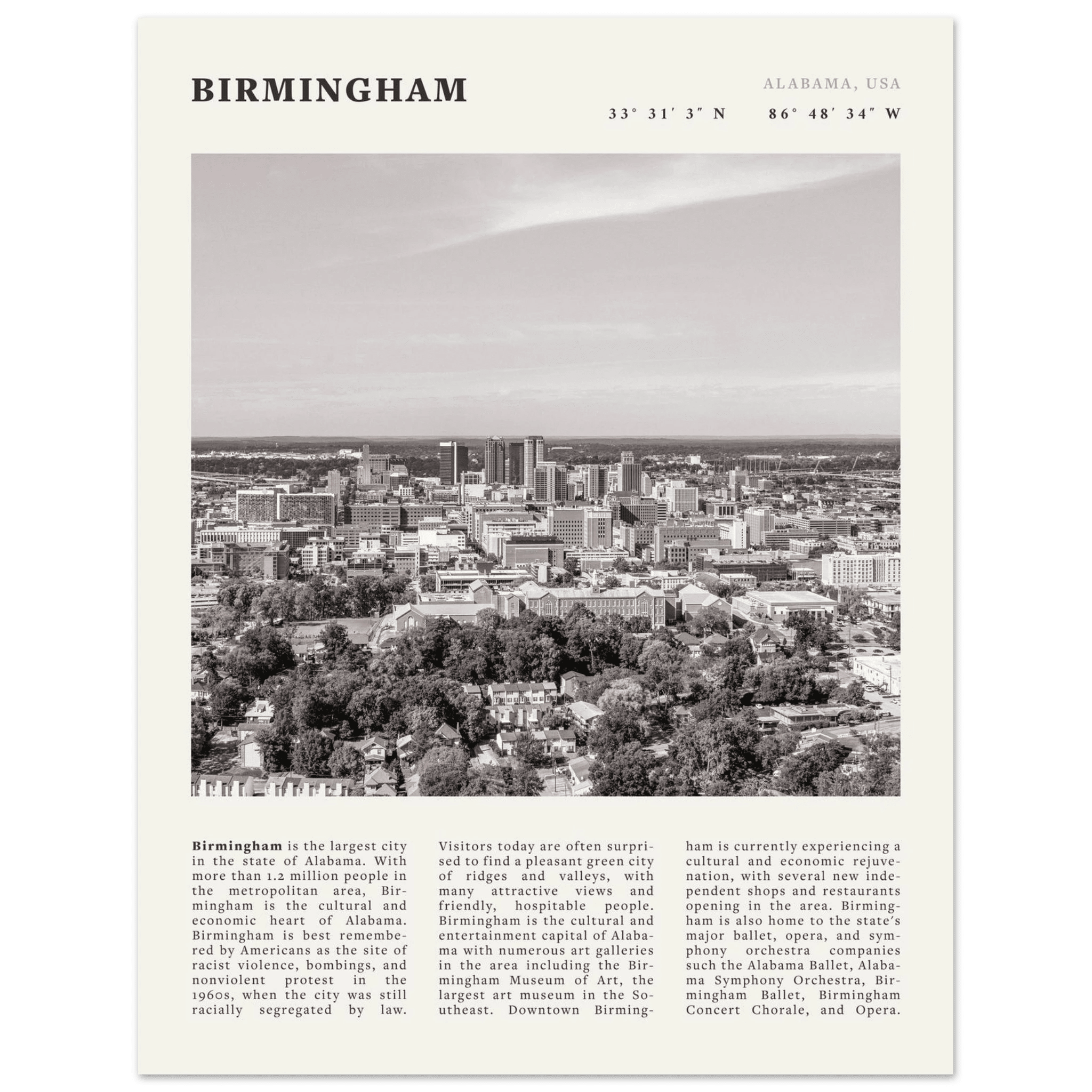 Birmingham Poster | Black & White Alabama Skyline Wall Art | AL Travel Print - Evergreen Posters