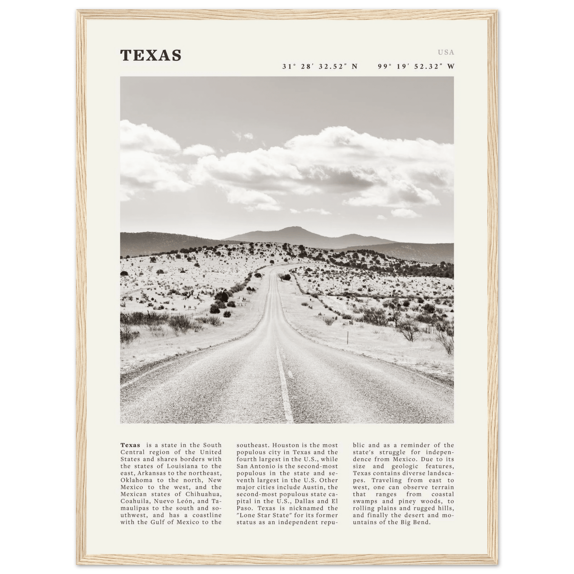 Texas Poster | Black & White Lone Star Road Wall Art | USA Travel Print Decor - Evergreen Posters