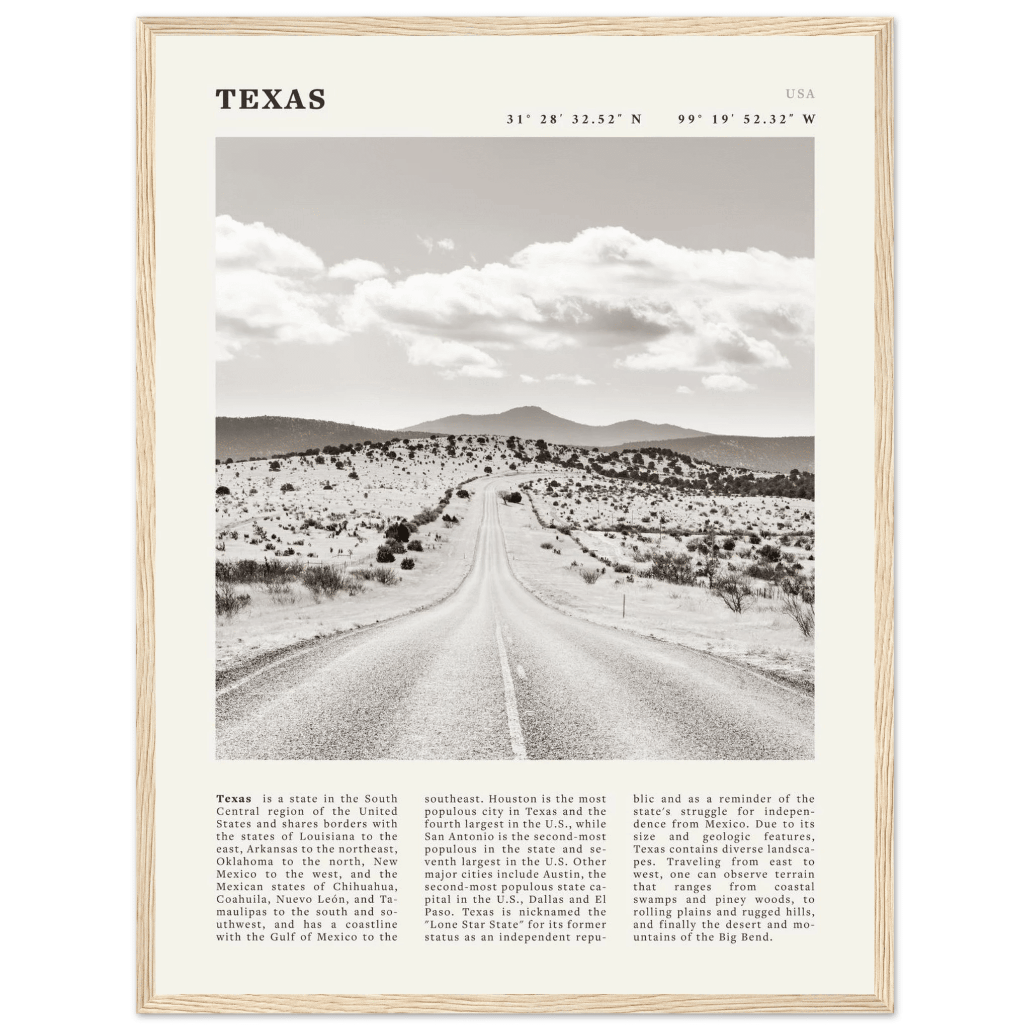Texas Poster | Black & White Lone Star Road Wall Art | USA Travel Print Decor - Evergreen Posters