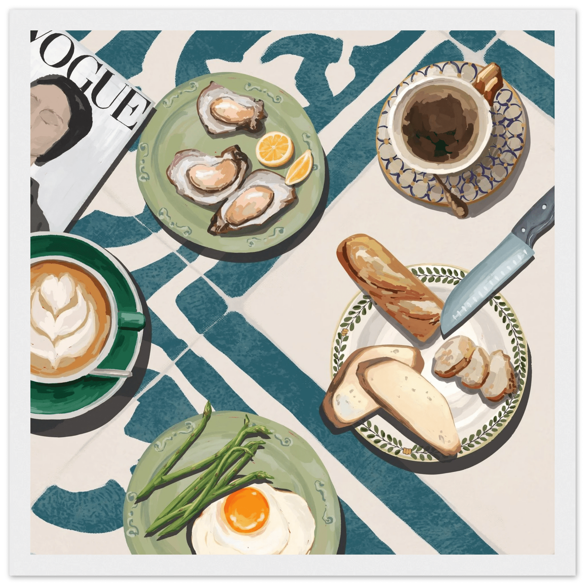 Oysters & Vogue Brunch Poster | Luxury Kitchen Wall Art | Blue Tile Square Print - Evergreen Posters - 19