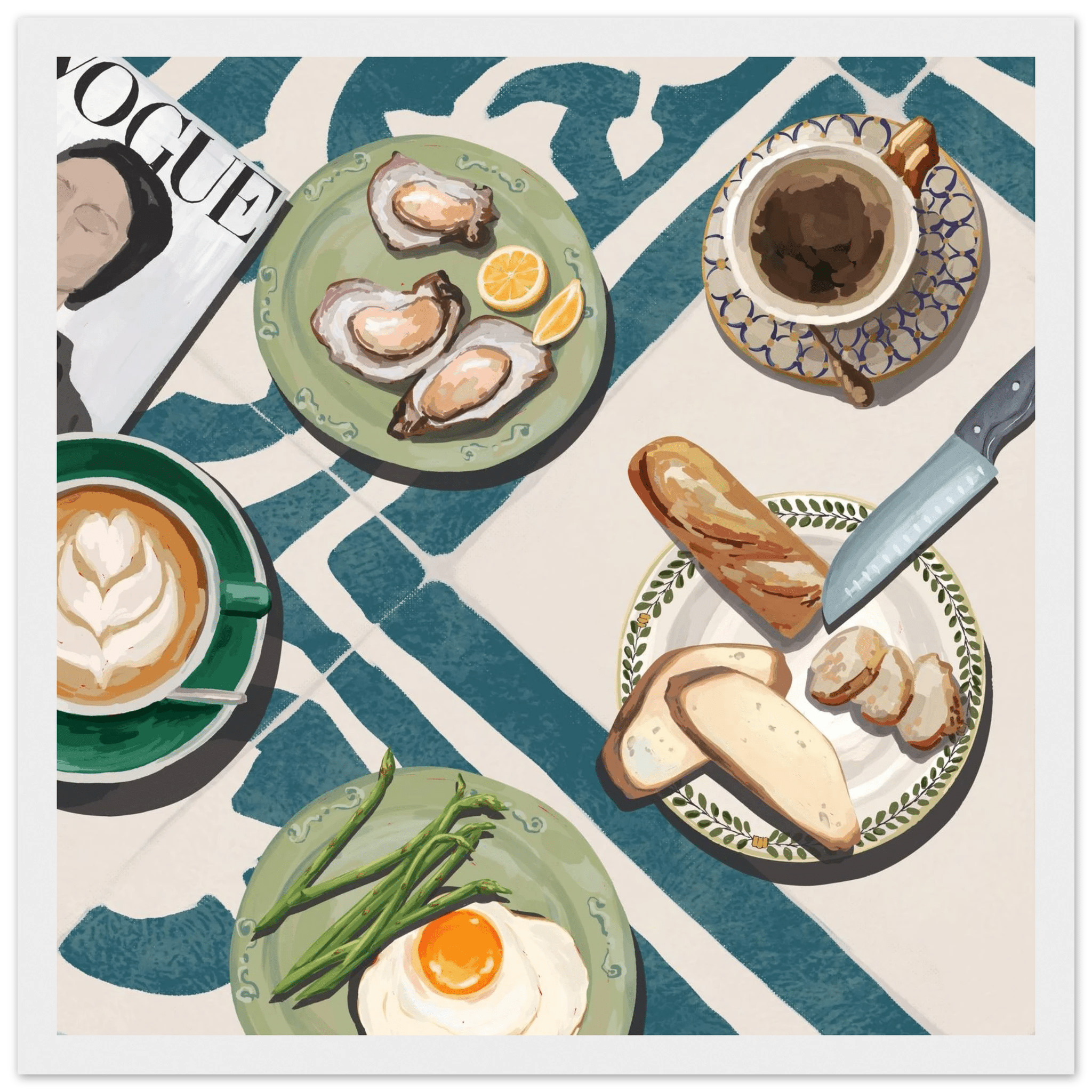 Oysters & Vogue Brunch Poster | Luxury Kitchen Wall Art | Blue Tile Square Print - Evergreen Posters - 19