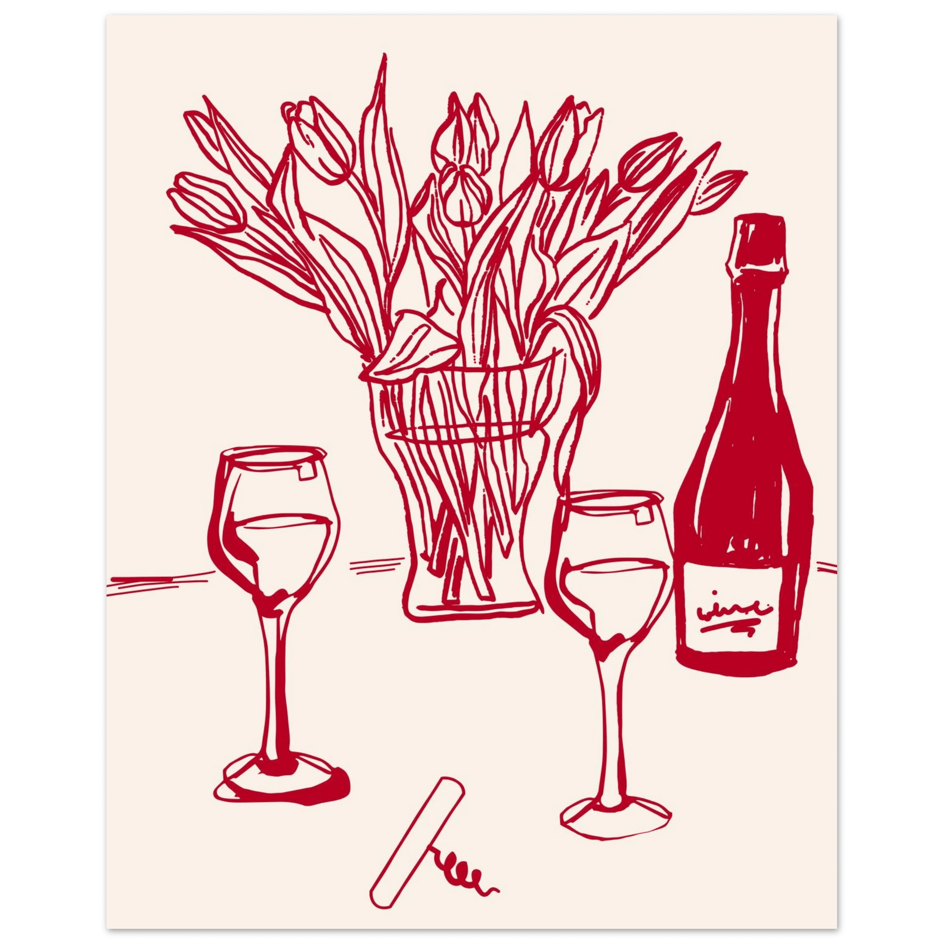 Red Wine & Tulips Print | Line Art Wine Bottle Wall Art | Kitchen Poster - Evergreen Posters