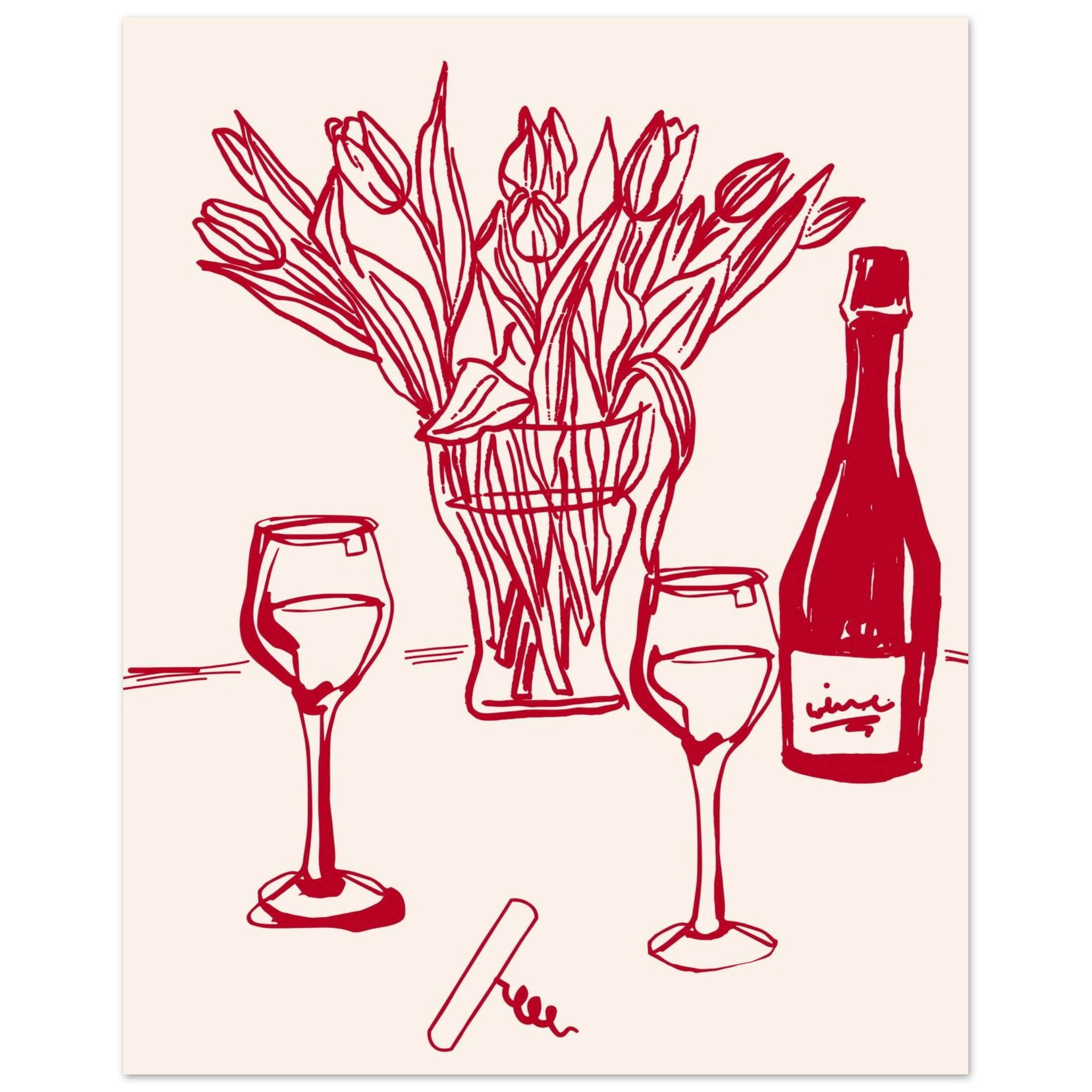 Red Wine & Tulips Print | Line Art Wine Bottle Wall Art | Kitchen Poster - Evergreen Posters