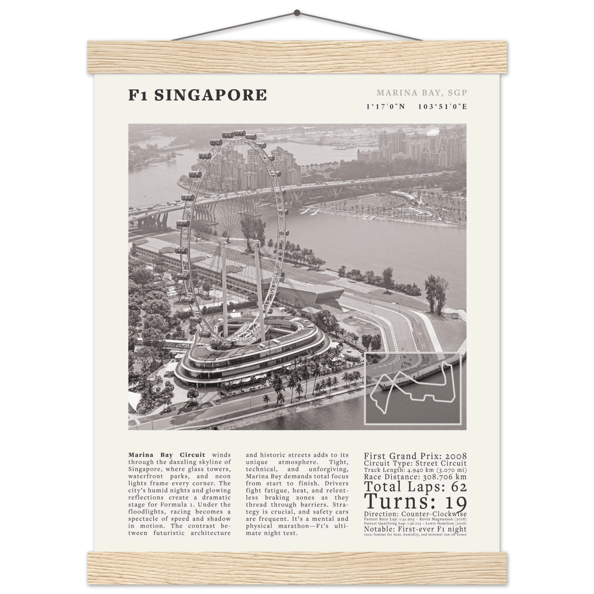 F1 Singapore Poster Black and White – Vintage Marina Bay Night Race Print (Digital & Printed Options) - Evergreen Posters