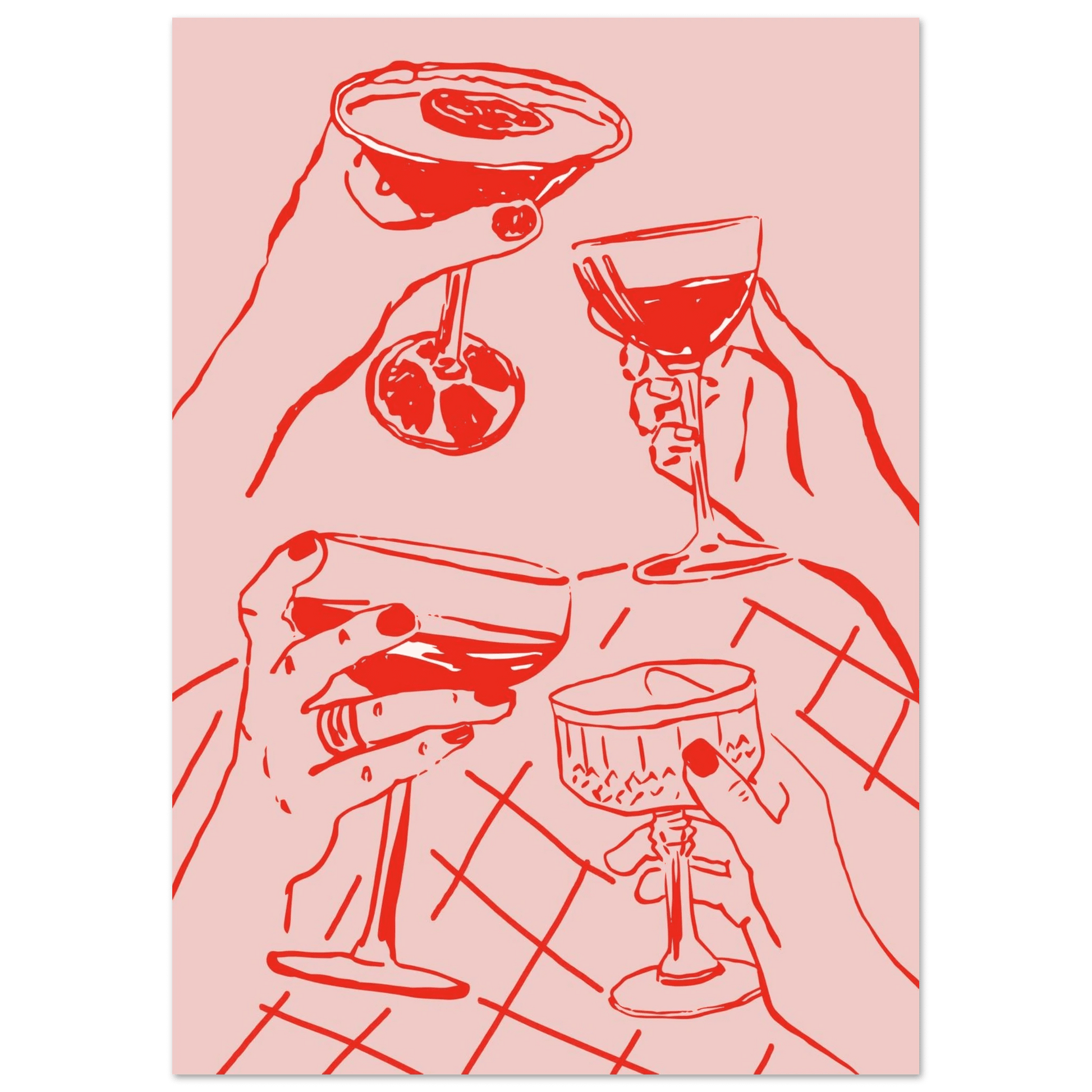Cheers Print | Red & Pink Cocktail Glasses Wall Art | Kitchen Bar Poster - Evergreen Posters