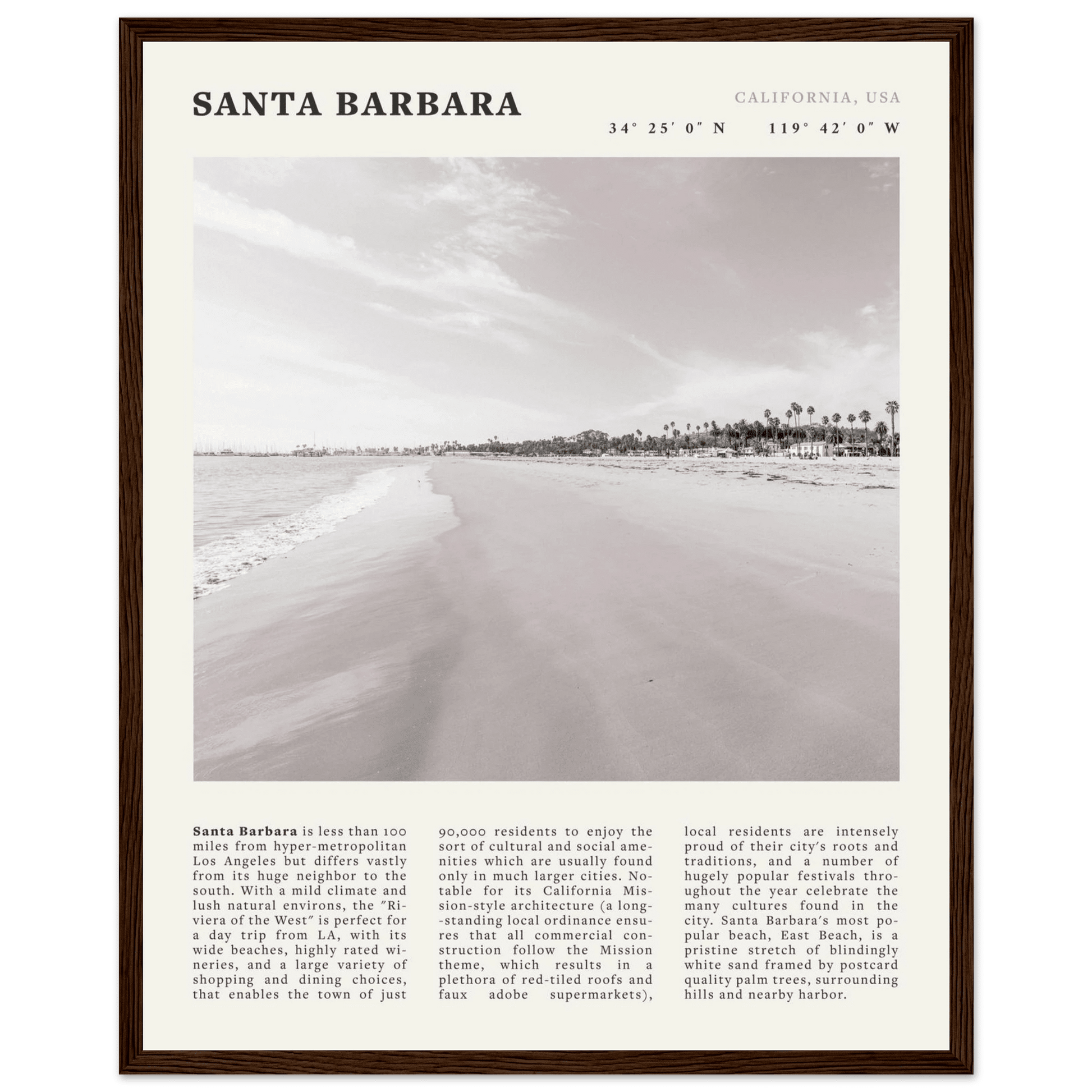 Santa Barbara Poster | Black & White California Beach Wall Art | CA Travel Print - Evergreen Posters
