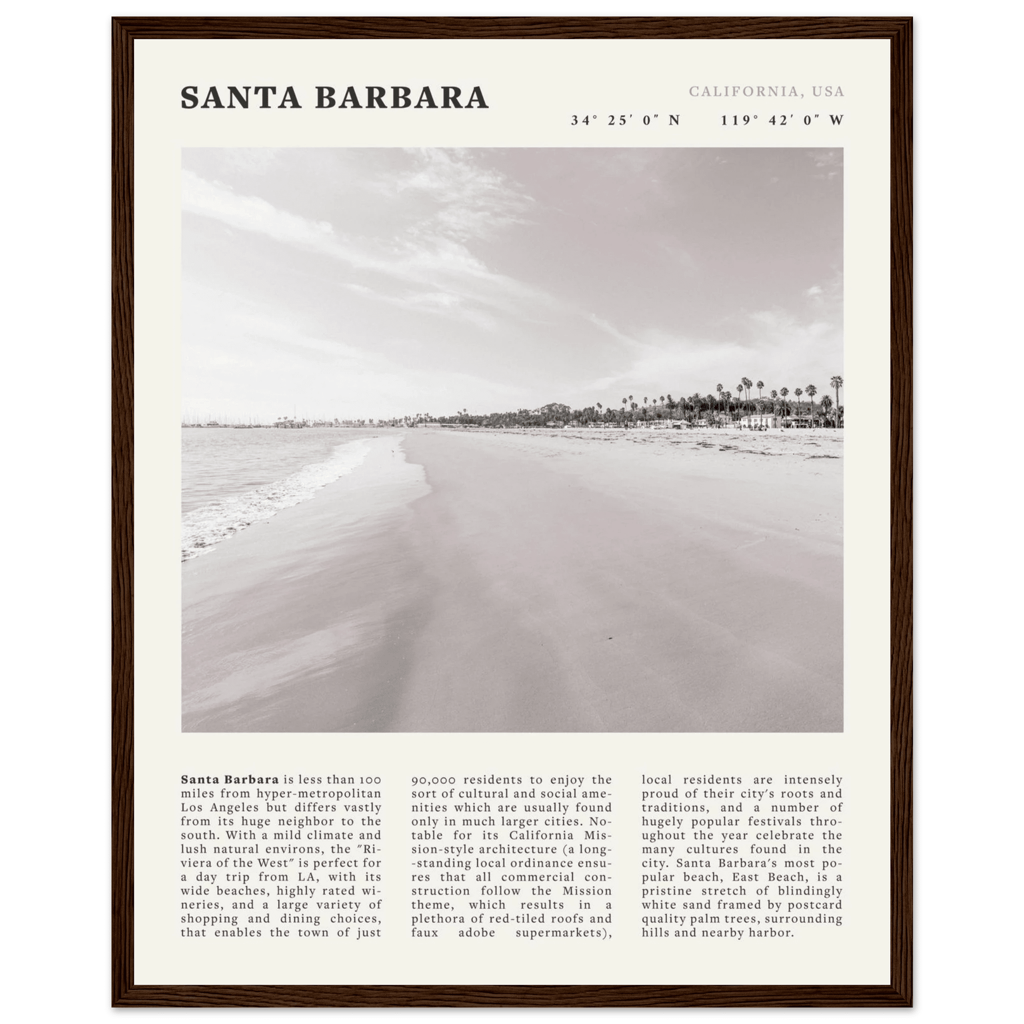 Santa Barbara Poster | Black & White California Beach Wall Art | CA Travel Print - Evergreen Posters