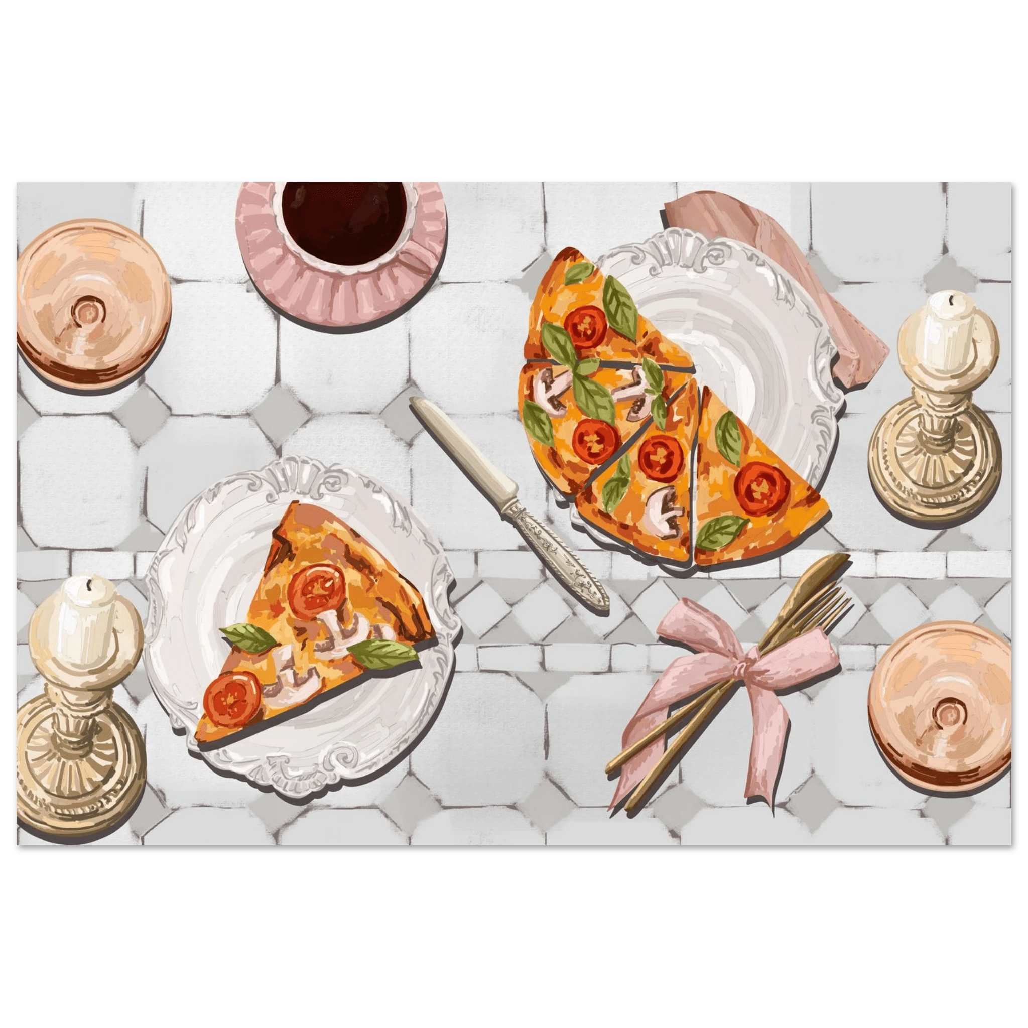 Pizza & Tea Kitchen Poster | Horizontal Food Wall Art | Italian Dining Room Print - Evergreen Posters