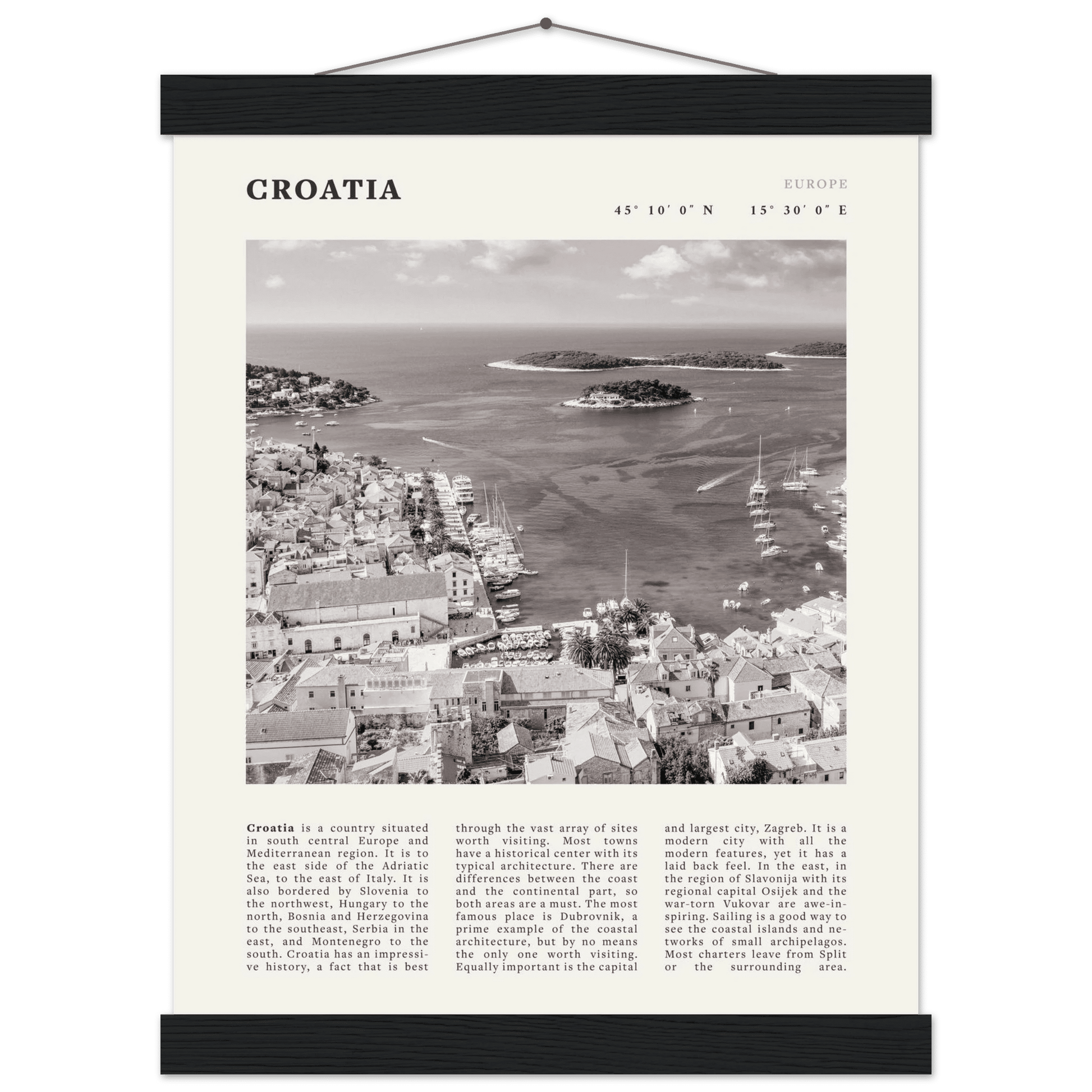 Croatia Poster | Black & White Hvar Island Wall Art | Adriatic Travel Print Decor - Evergreen Posters
