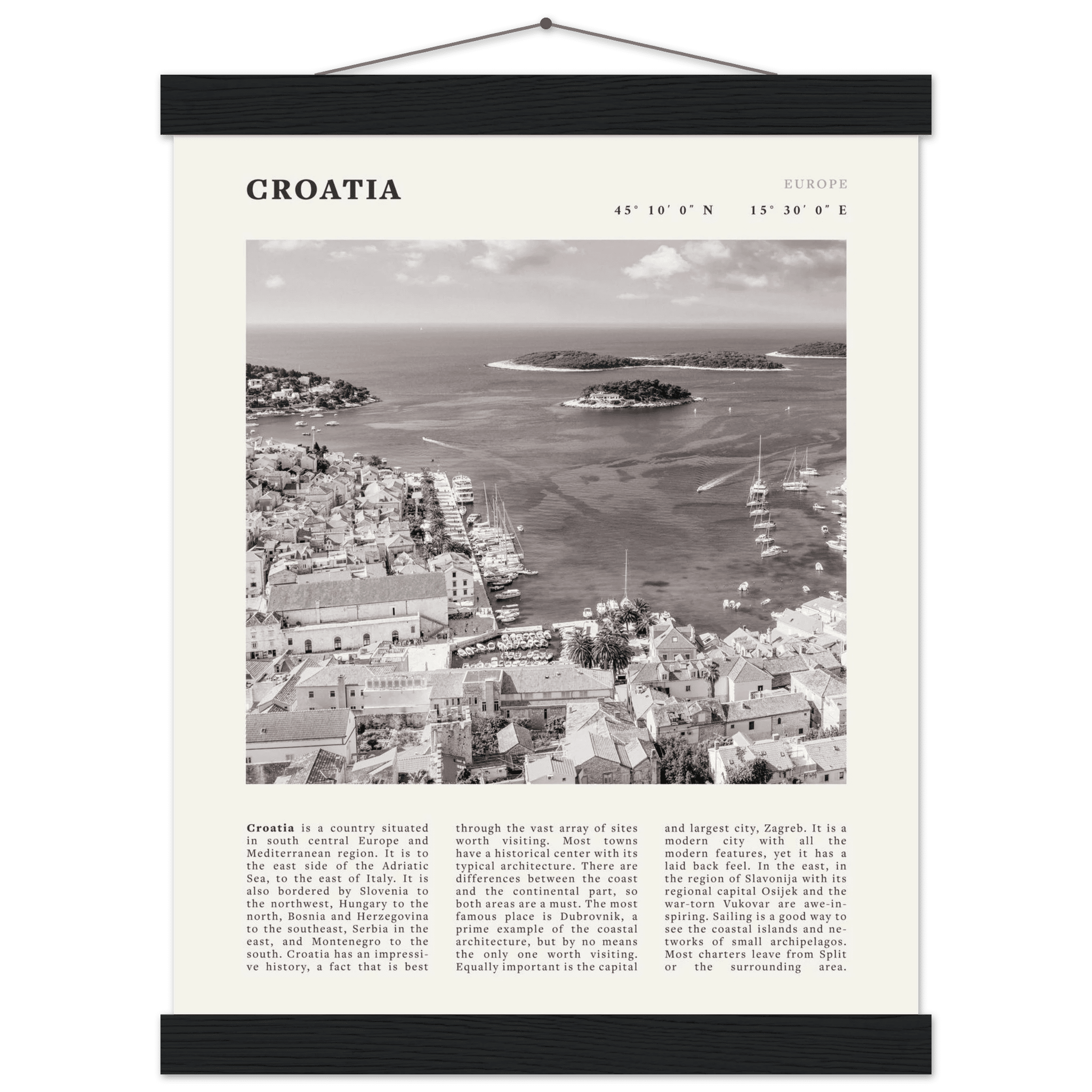 Croatia Poster | Black & White Hvar Island Wall Art | Adriatic Travel Print Decor - Evergreen Posters