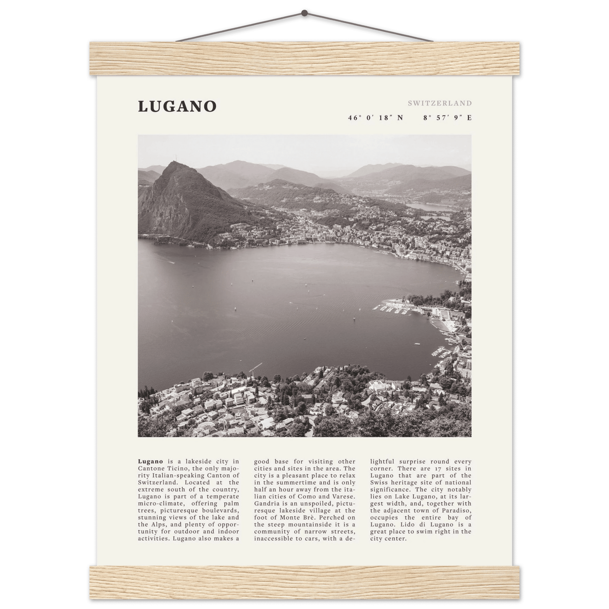 Lugano Poster | Black & White Swiss Lake Wall Art | Switzerland Travel Print - Evergreen Posters