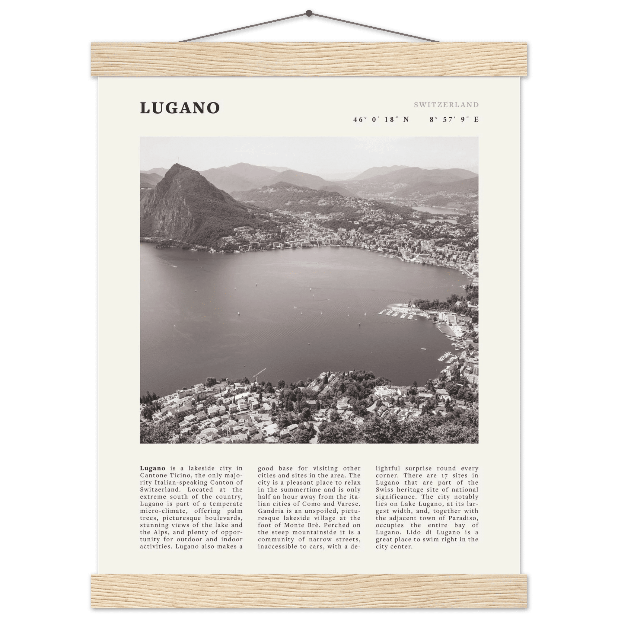 Lugano Poster | Black & White Swiss Lake Wall Art | Switzerland Travel Print - Evergreen Posters
