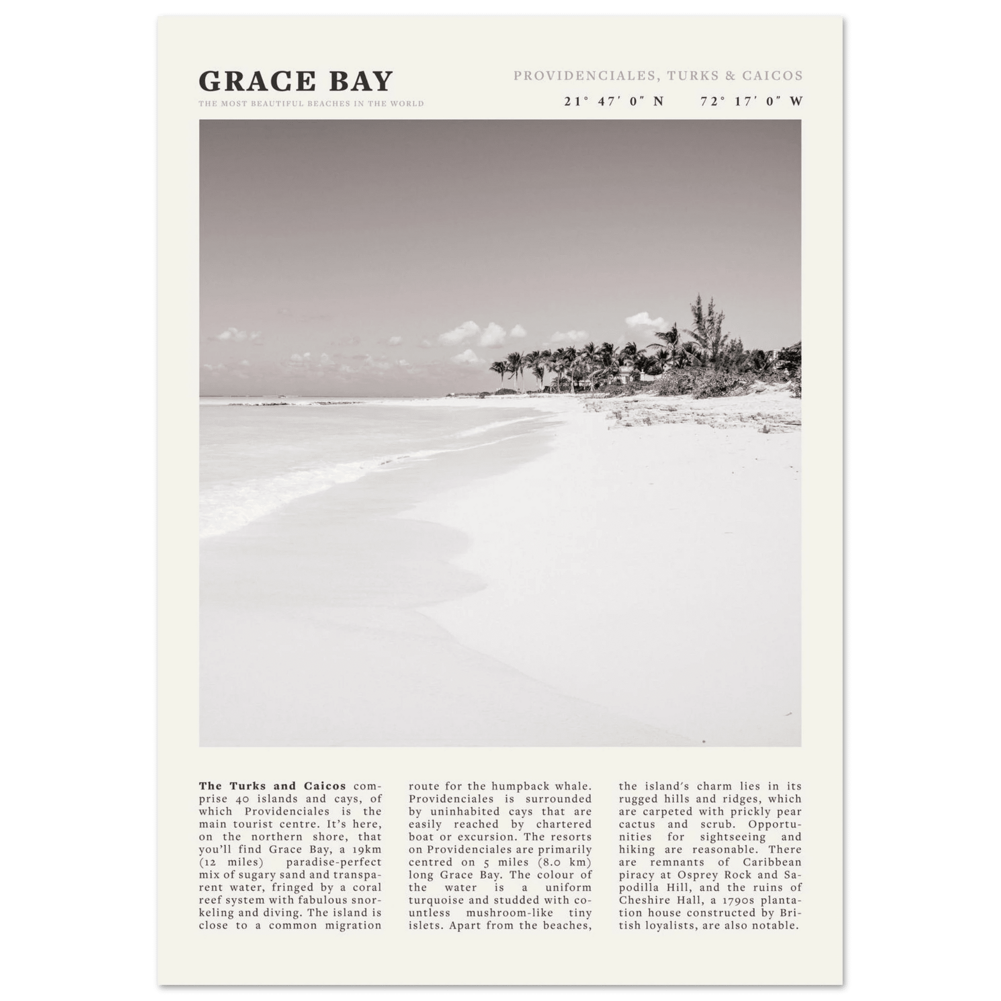 Grace Bay Poster | Black & White Turks & Caicos Wall Art | Caribbean Beach Print - Evergreen Posters