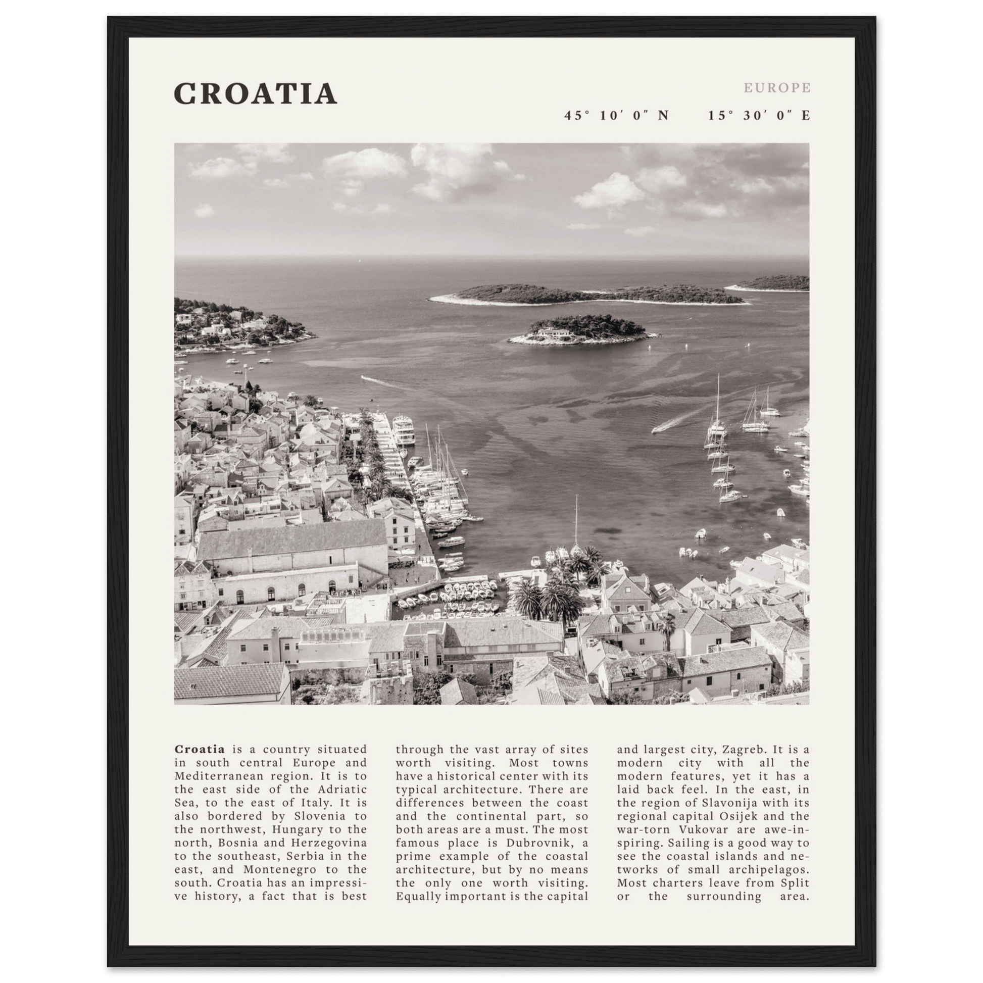 Croatia Poster | Black & White Hvar Island Wall Art | Adriatic Travel Print Decor - Evergreen Posters