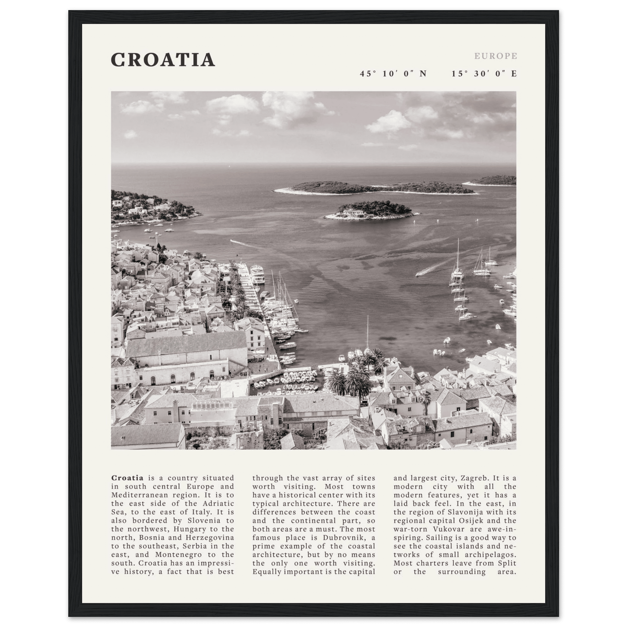 Croatia Poster | Black & White Hvar Island Wall Art | Adriatic Travel Print Decor - Evergreen Posters