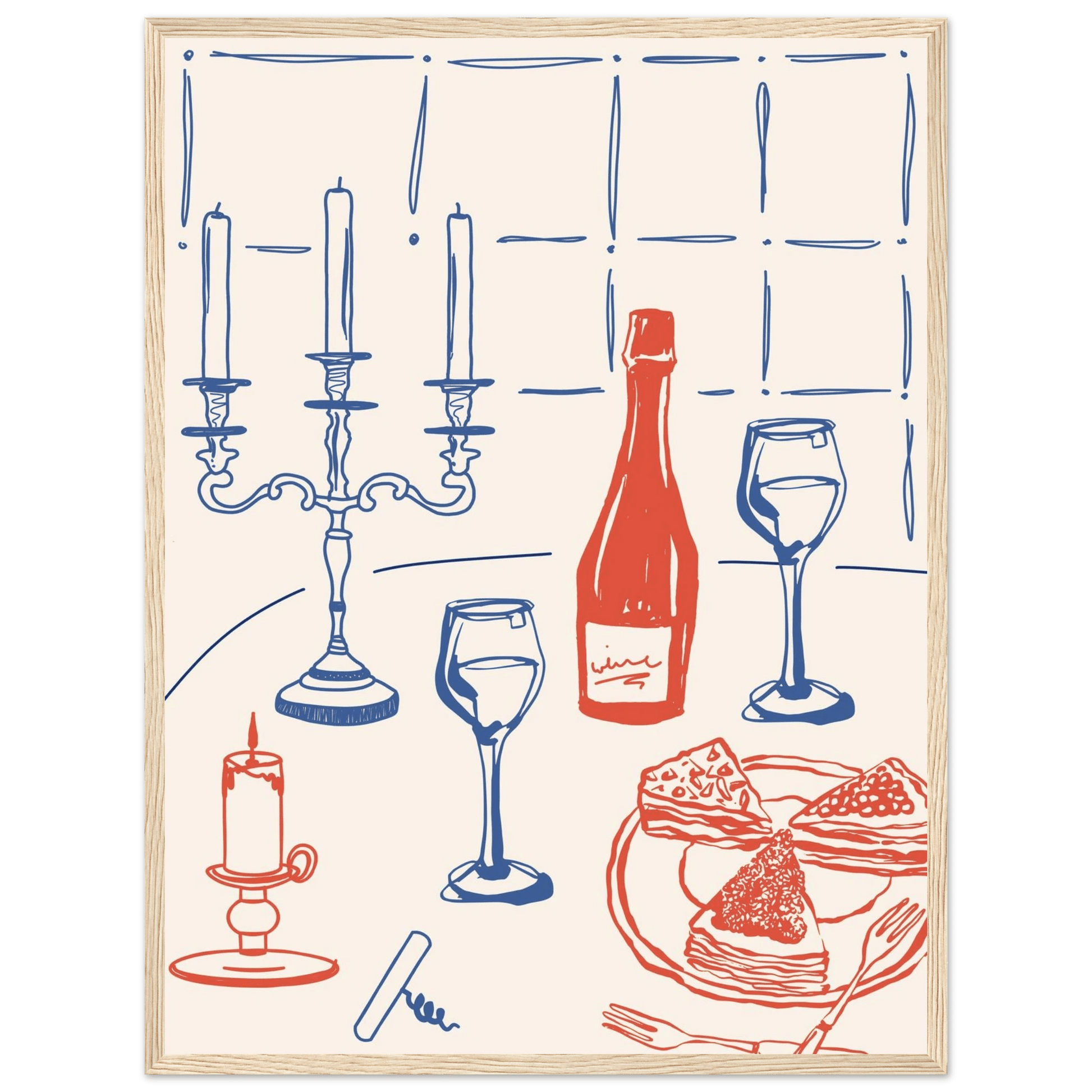 Candlelight Dinner Print | Wine & Candelabra Line Art Wall Art | Kitchen Poster - Evergreen Posters