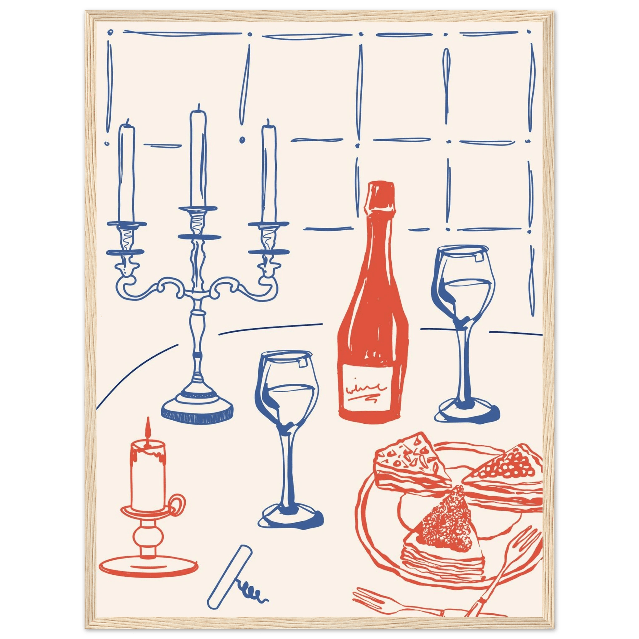 Candlelight Dinner Print | Wine & Candelabra Line Art Wall Art | Kitchen Poster - Evergreen Posters