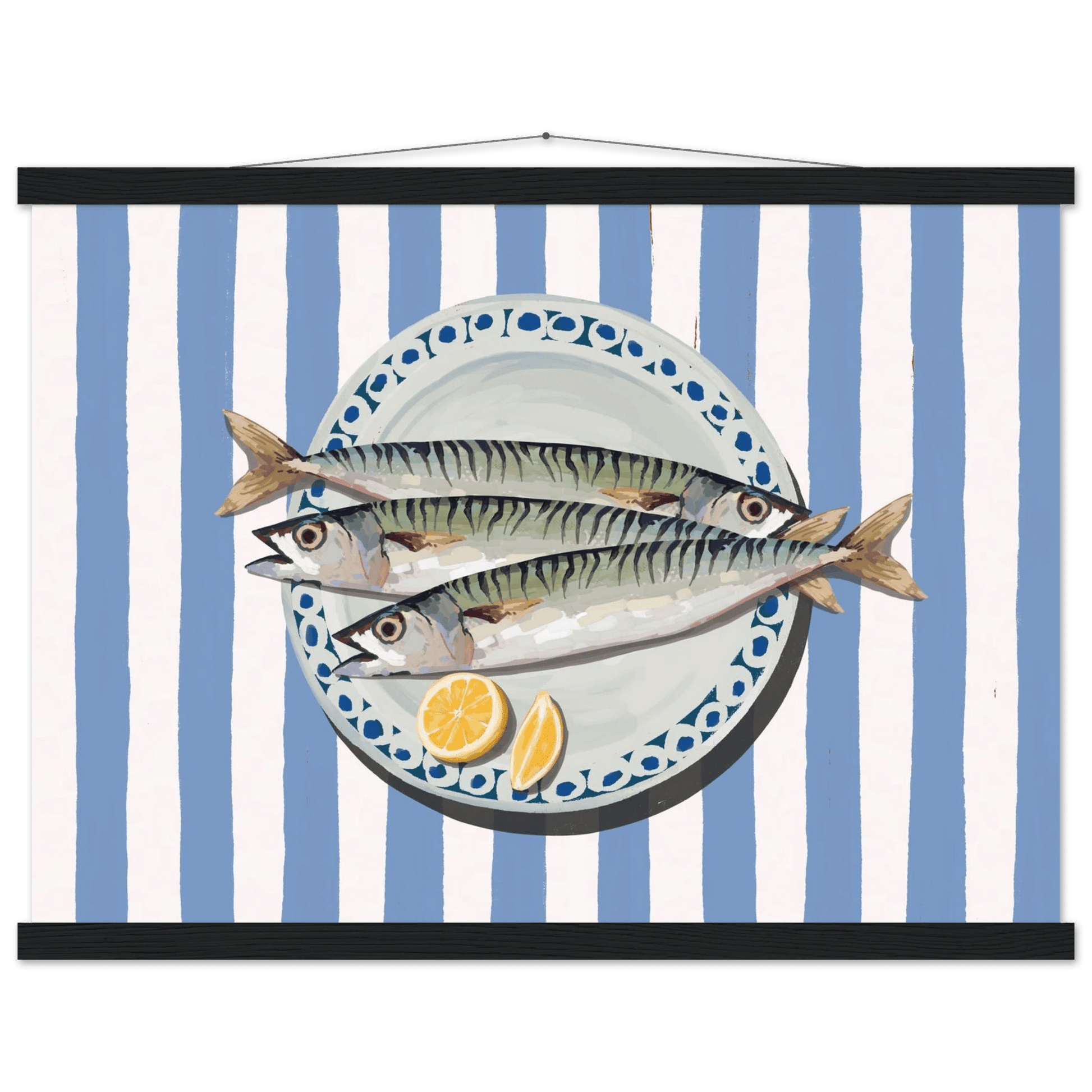 Sardines Print | Blue Stripe Fish Kitchen Wall Art | Coastal Food Poster - Evergreen Posters