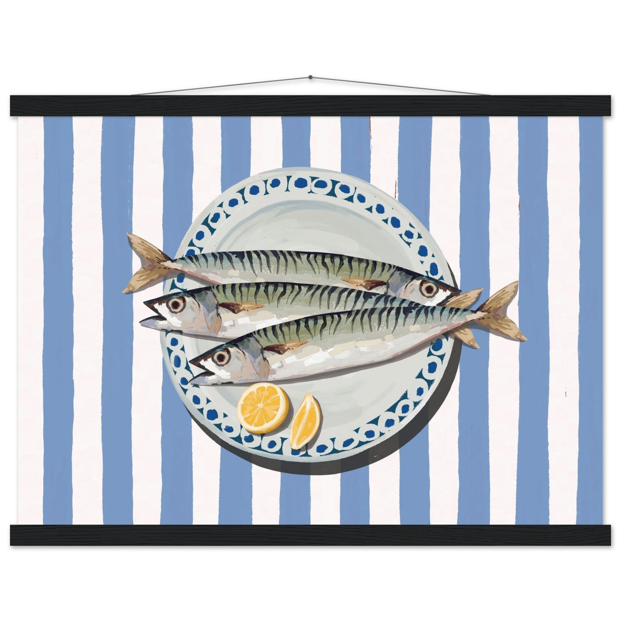 Sardines Print | Blue Stripe Fish Kitchen Wall Art | Coastal Food Poster - Evergreen Posters