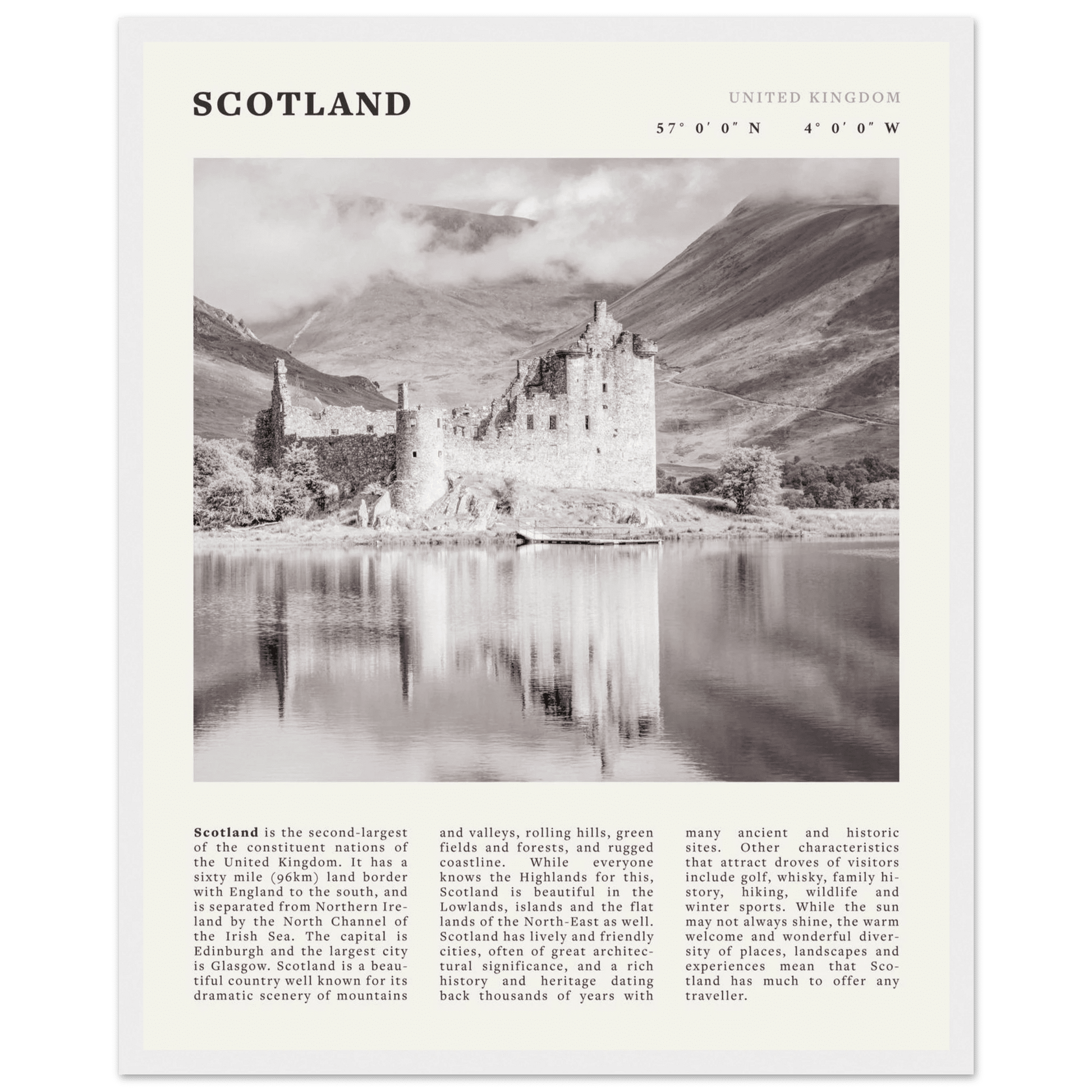 Scotland Poster | Black & White Highland Castle Wall Art | UK Travel Print Decor - Evergreen Posters