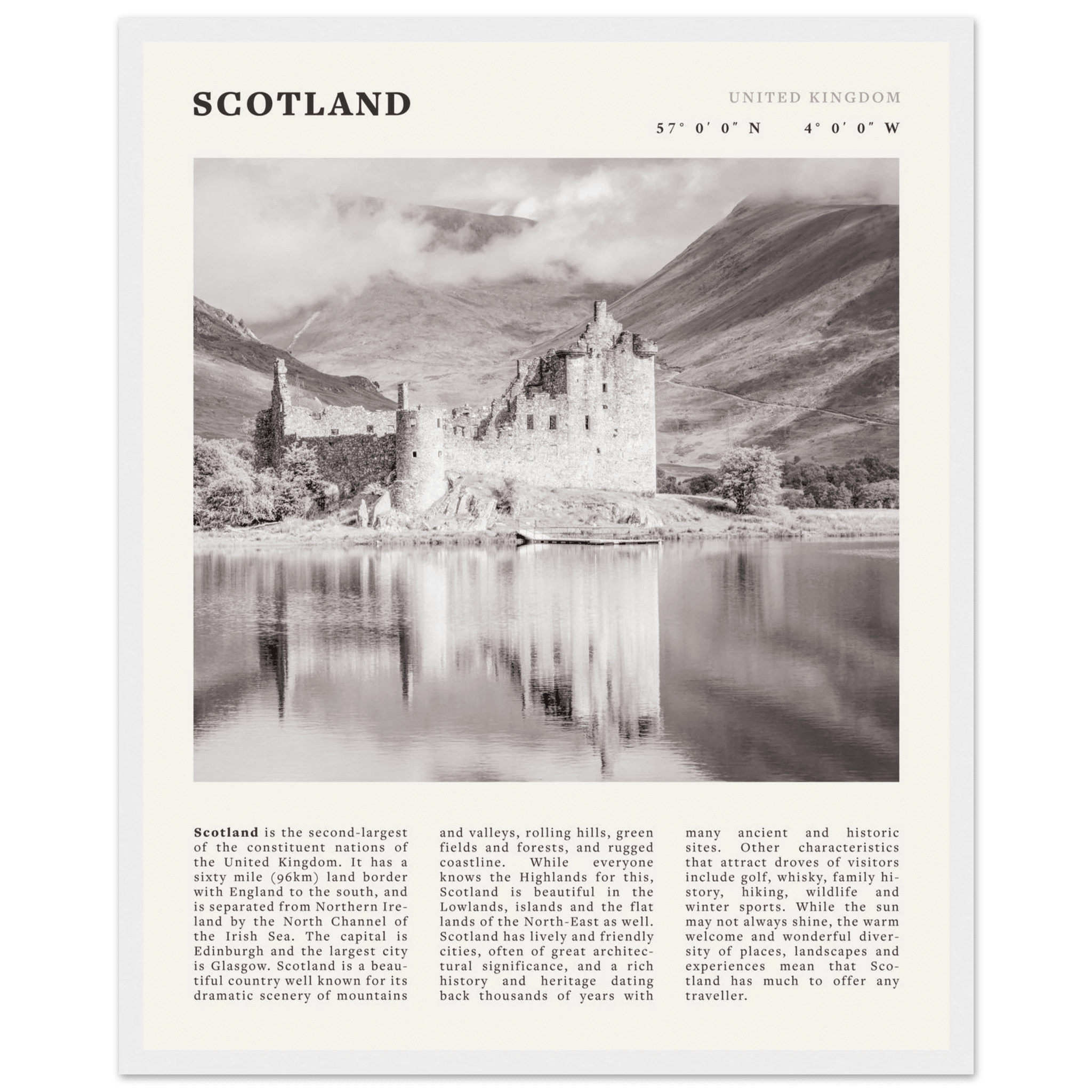 Scotland Poster | Black & White Highland Castle Wall Art | UK Travel Print Decor - Evergreen Posters