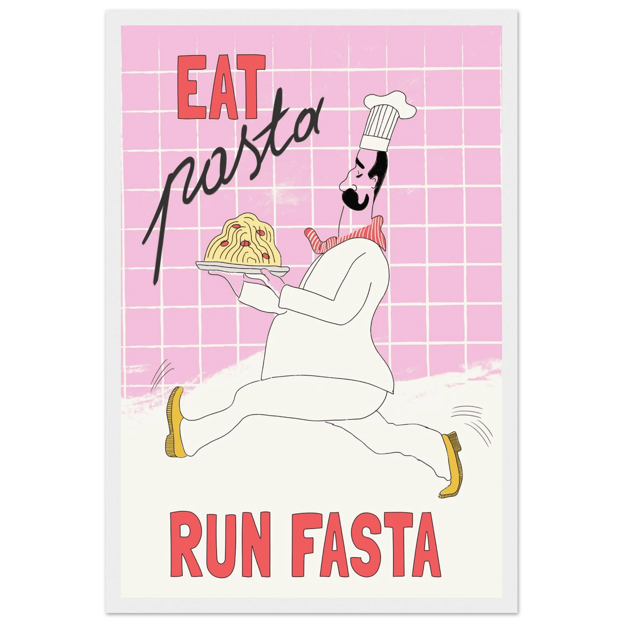 Eat Pasta Run Fasta Poster – Playful Kitchen Wall Art Print (Light Pink) - Evergreen Posters