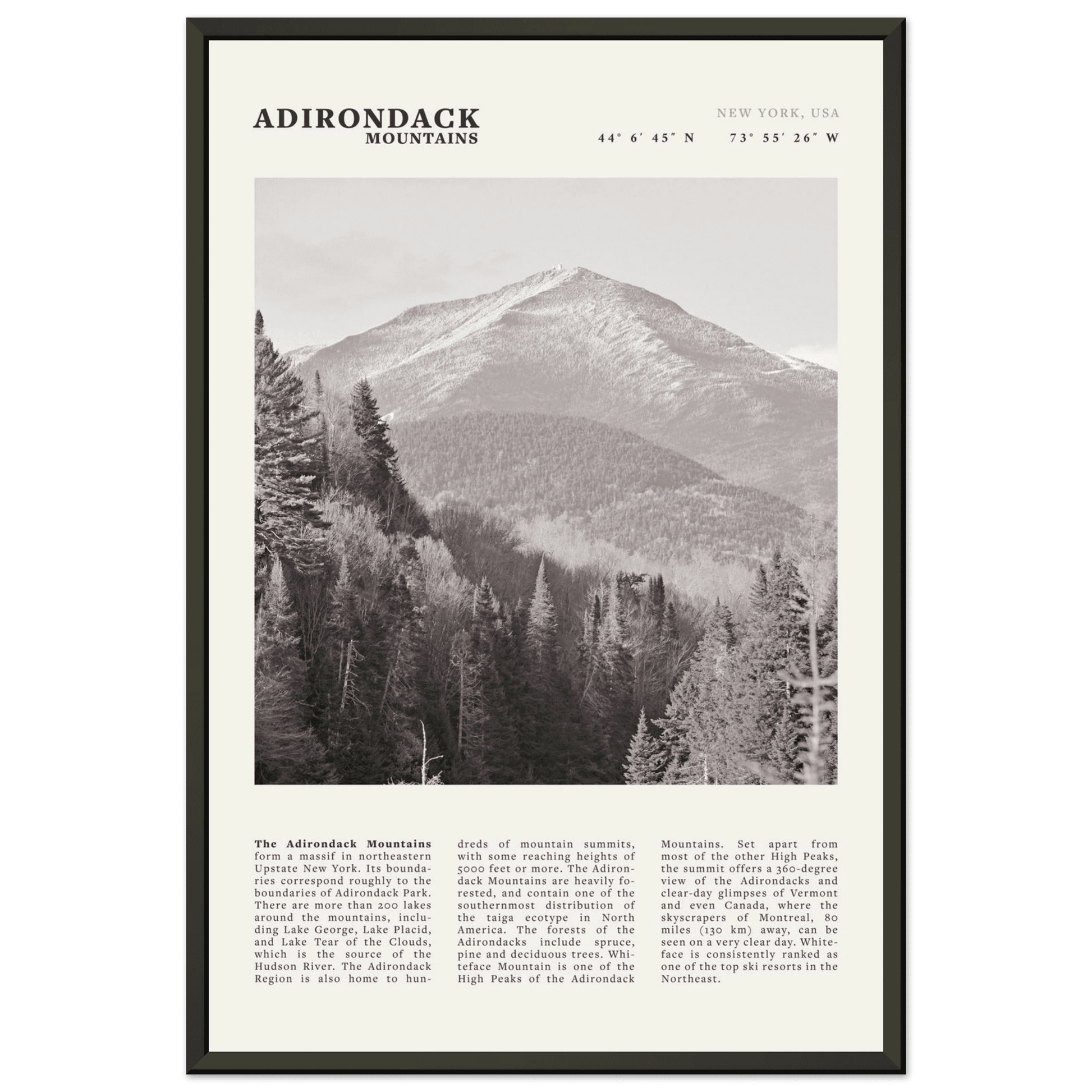 Adirondack Mountains Poster | Black & White New York Nature Wall Art | Hiking Print - Evergreen Posters