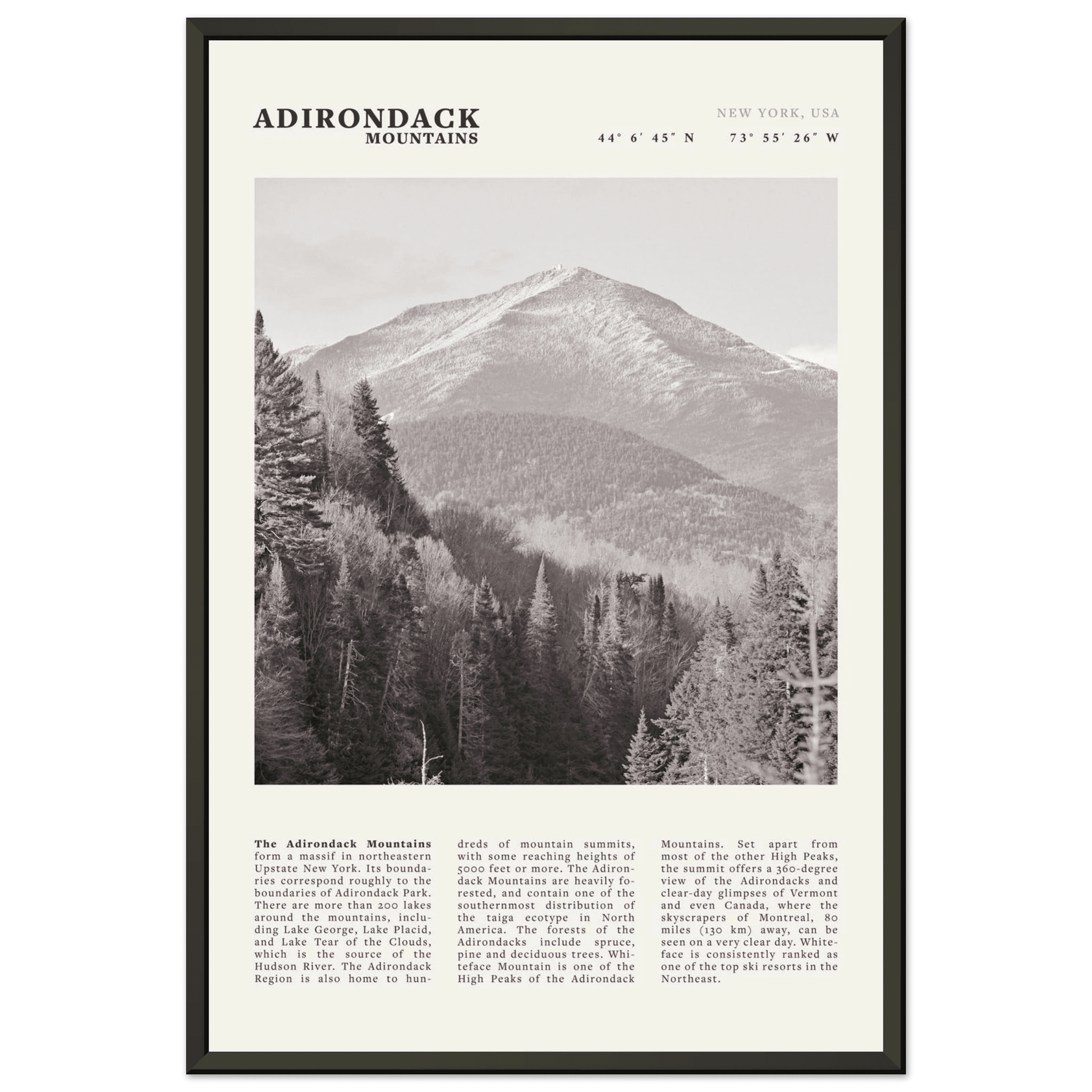 Adirondack Mountains Poster | Black & White New York Nature Wall Art | Hiking Print - Evergreen Posters
