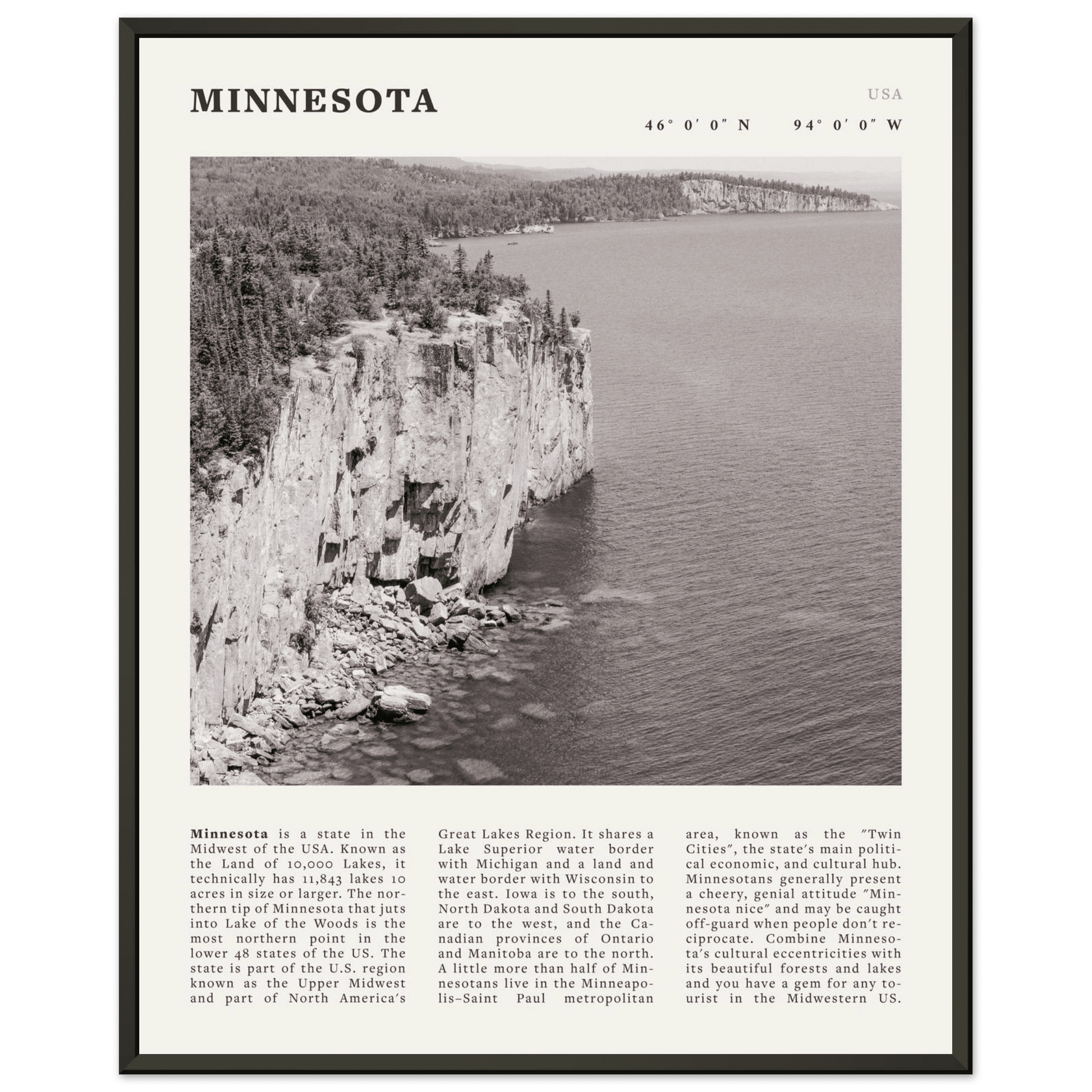 Minnesota Poster | Black & White Lake Superior Wall Art | USA Nature Travel Print - Evergreen Posters