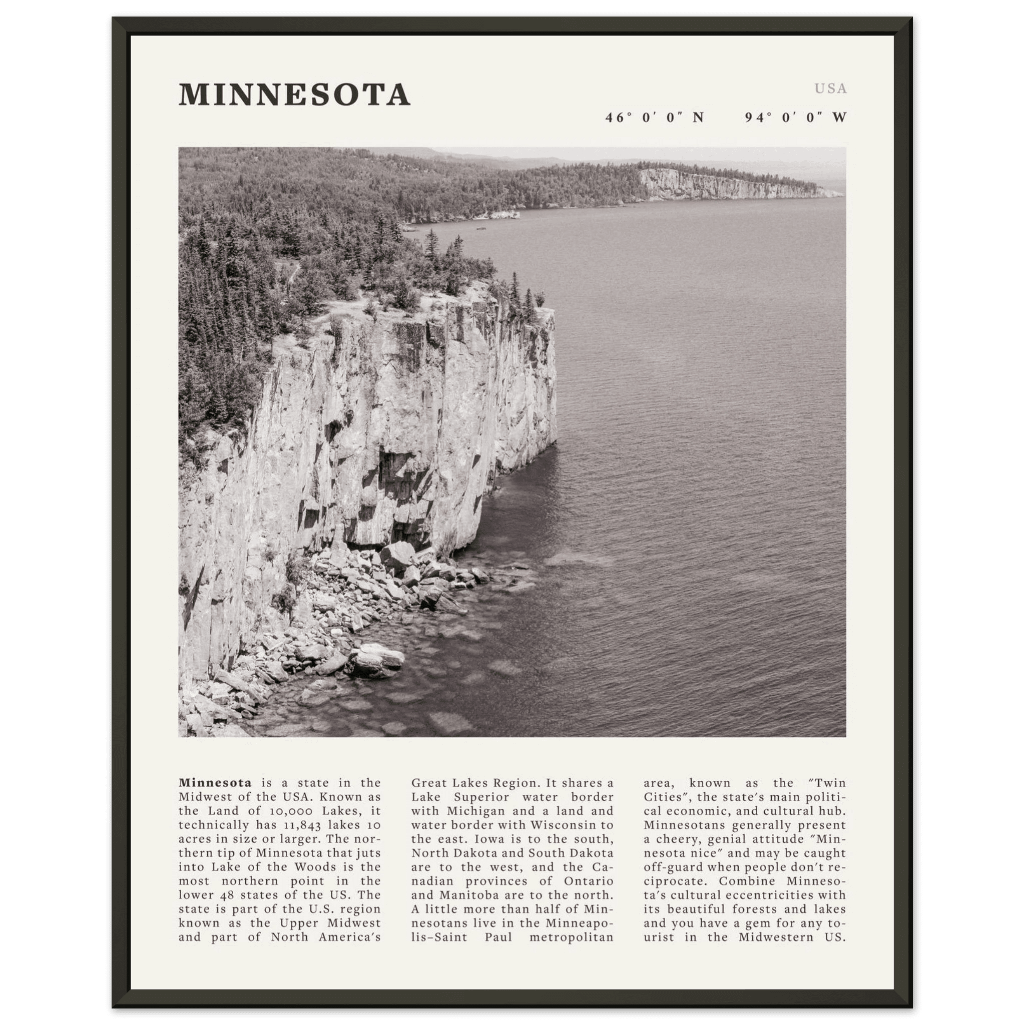 Minnesota Poster | Black & White Lake Superior Wall Art | USA Nature Travel Print - Evergreen Posters