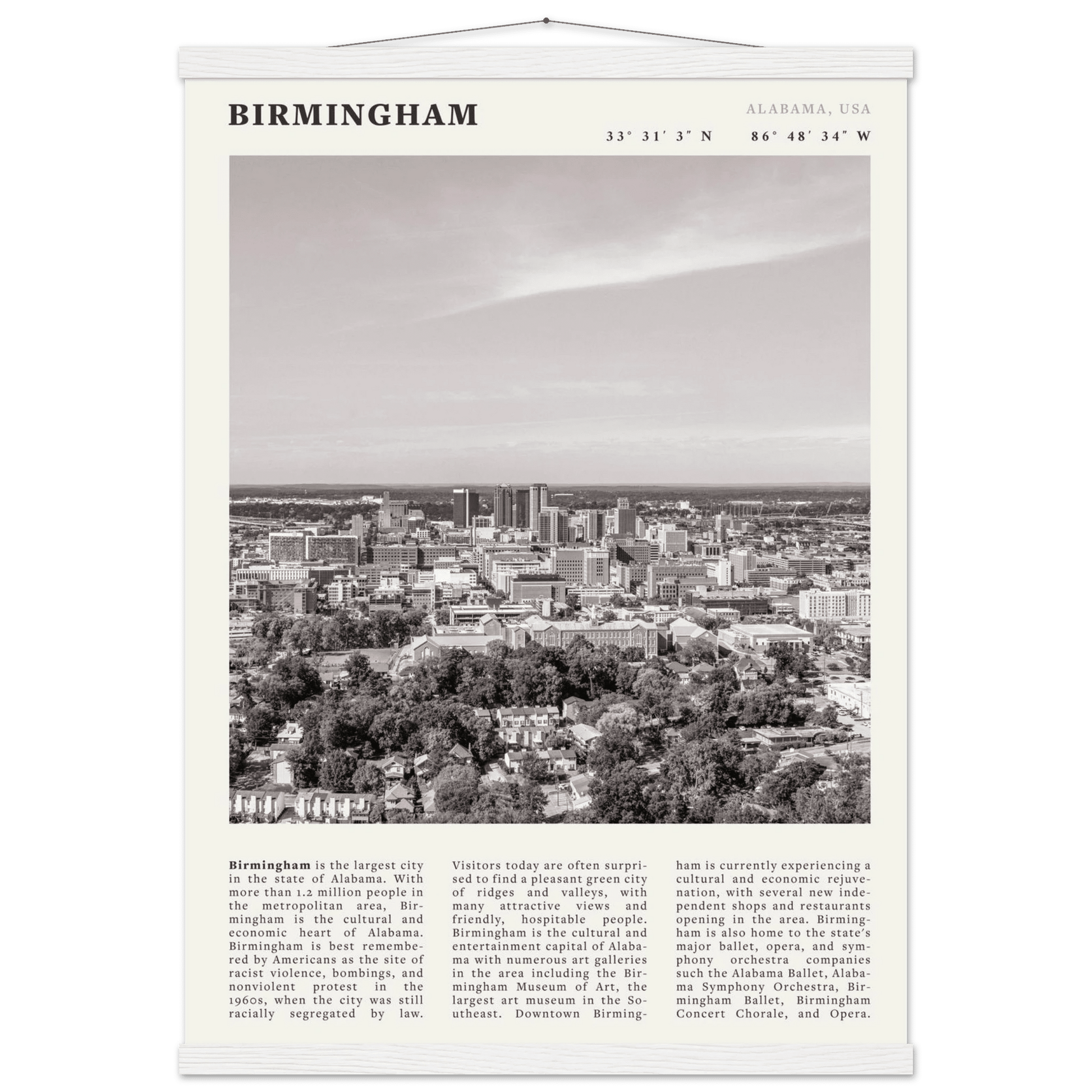 Birmingham Poster | Black & White Alabama Skyline Wall Art | AL Travel Print - Evergreen Posters
