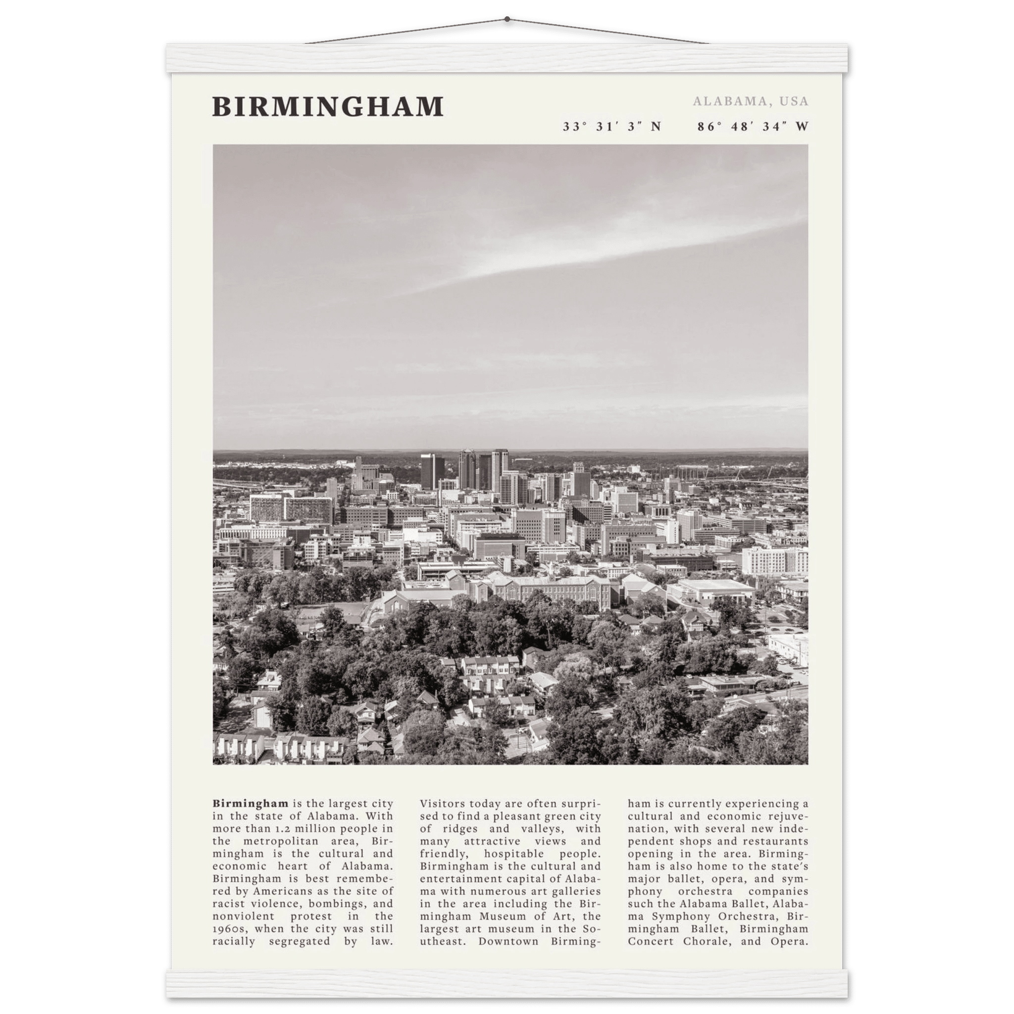Birmingham Poster | Black & White Alabama Skyline Wall Art | AL Travel Print - Evergreen Posters