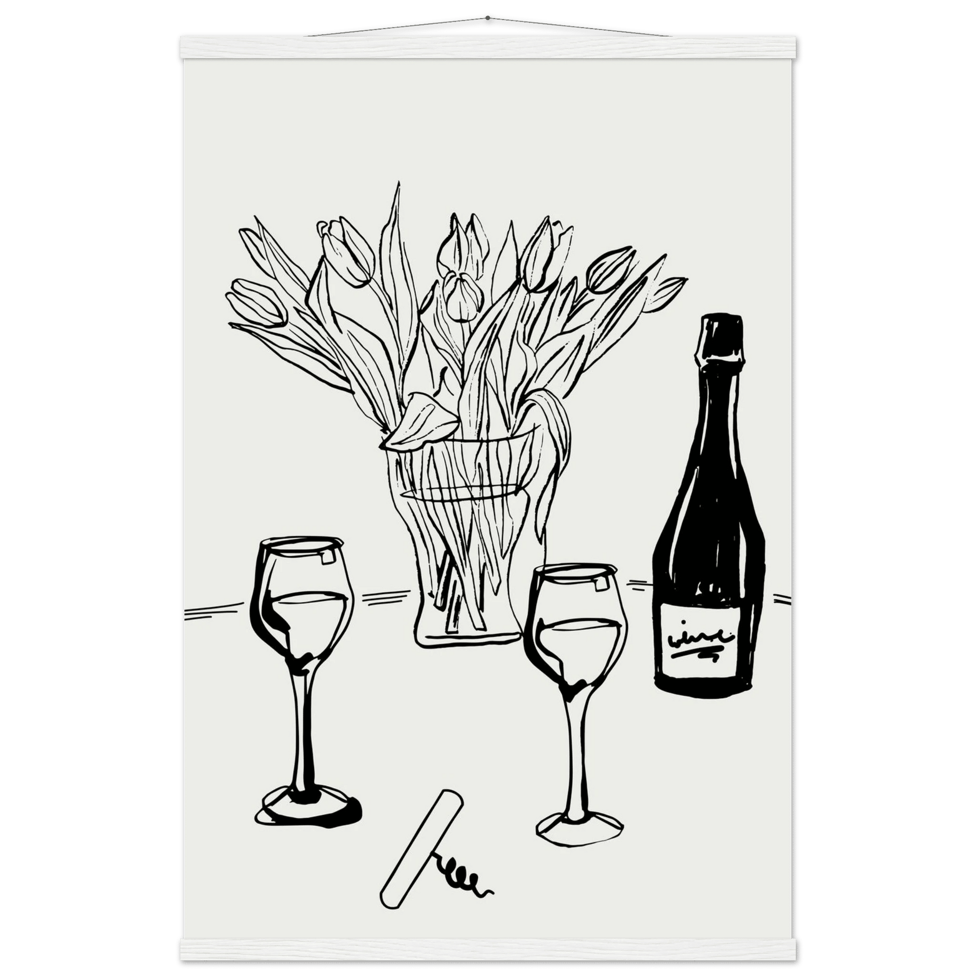 Wine & Tulips Print | Black Line Art Wine Bottle Wall Art | Minimalist Kitchen Poster - Evergreen Posters