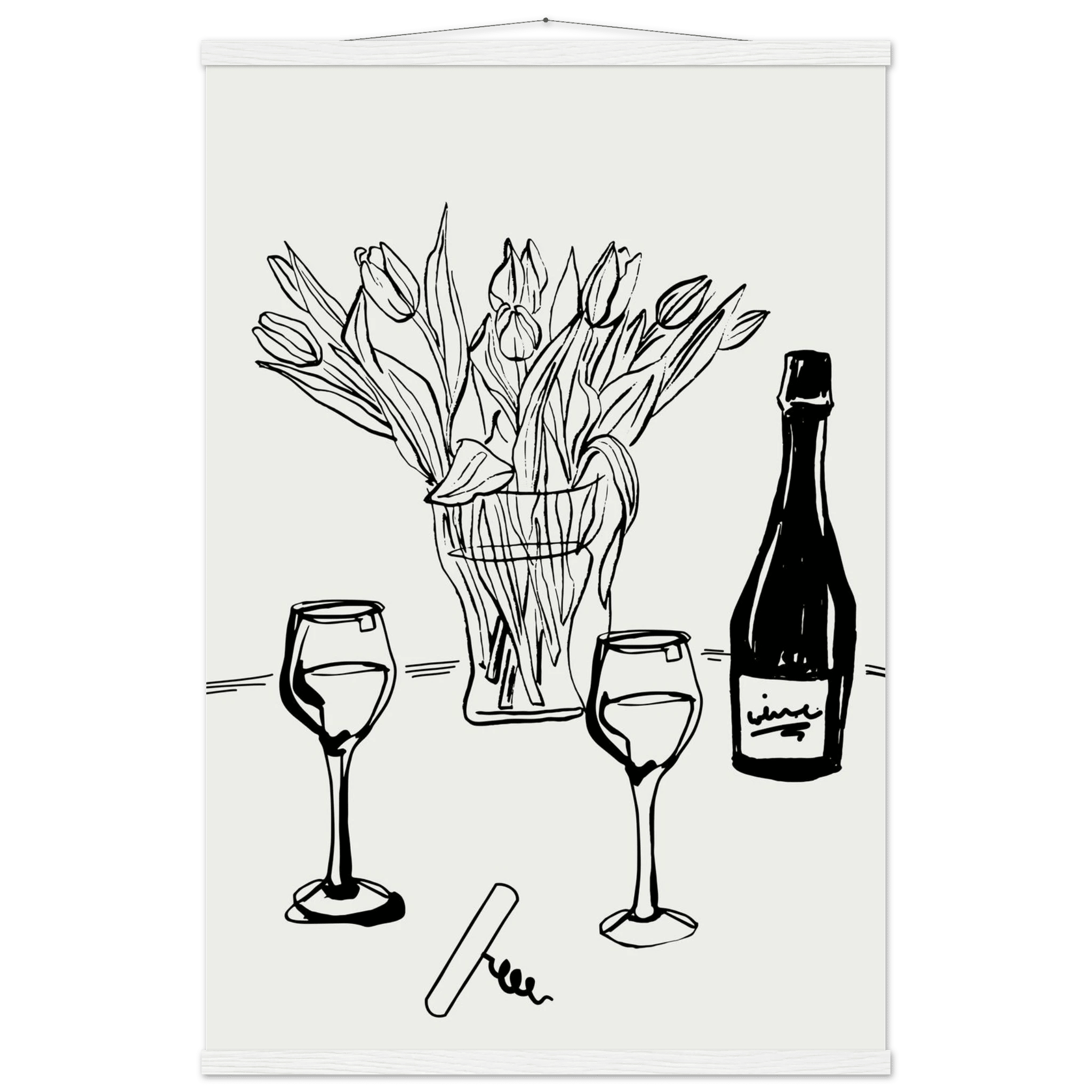 Wine & Tulips Print | Black Line Art Wine Bottle Wall Art | Minimalist Kitchen Poster - Evergreen Posters