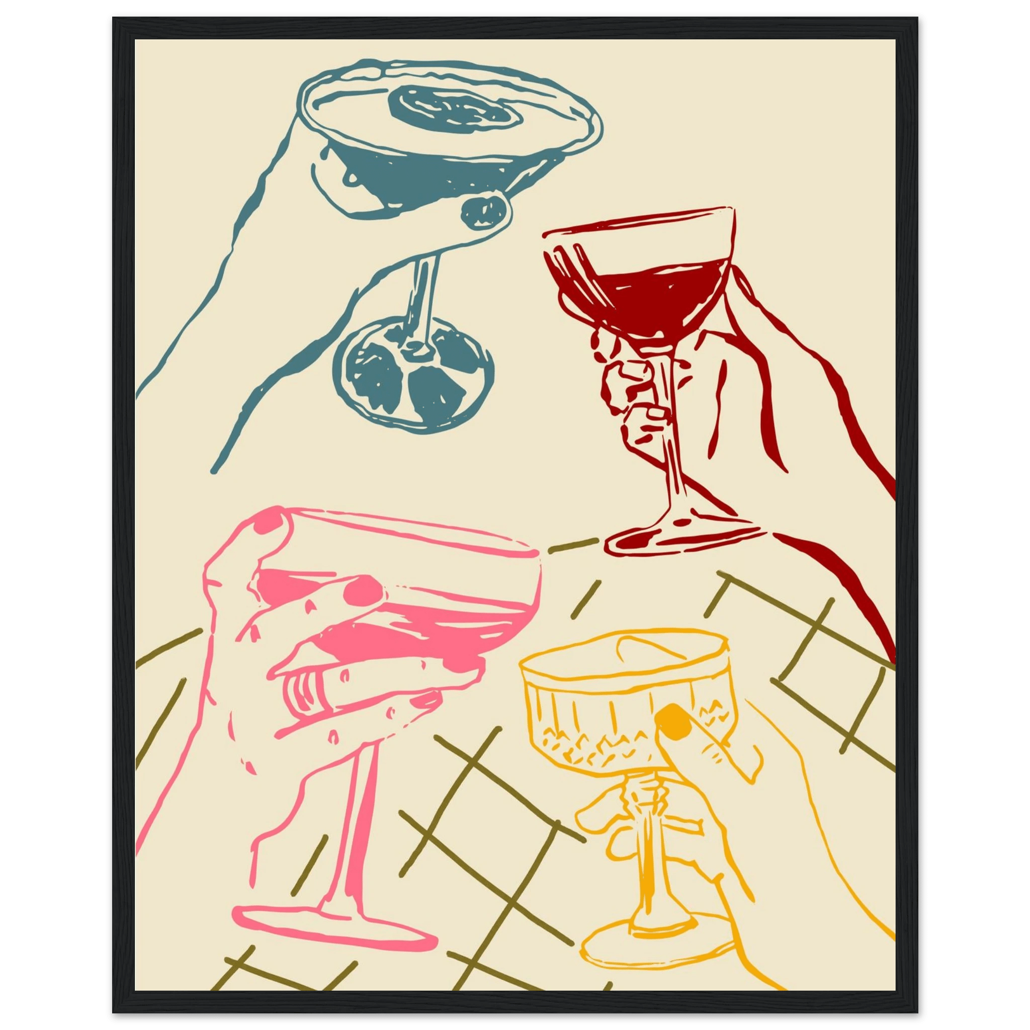 Cheers Print | Colourful Cocktail Glasses Wall Art | Kitchen Bar Poster - Evergreen Posters
