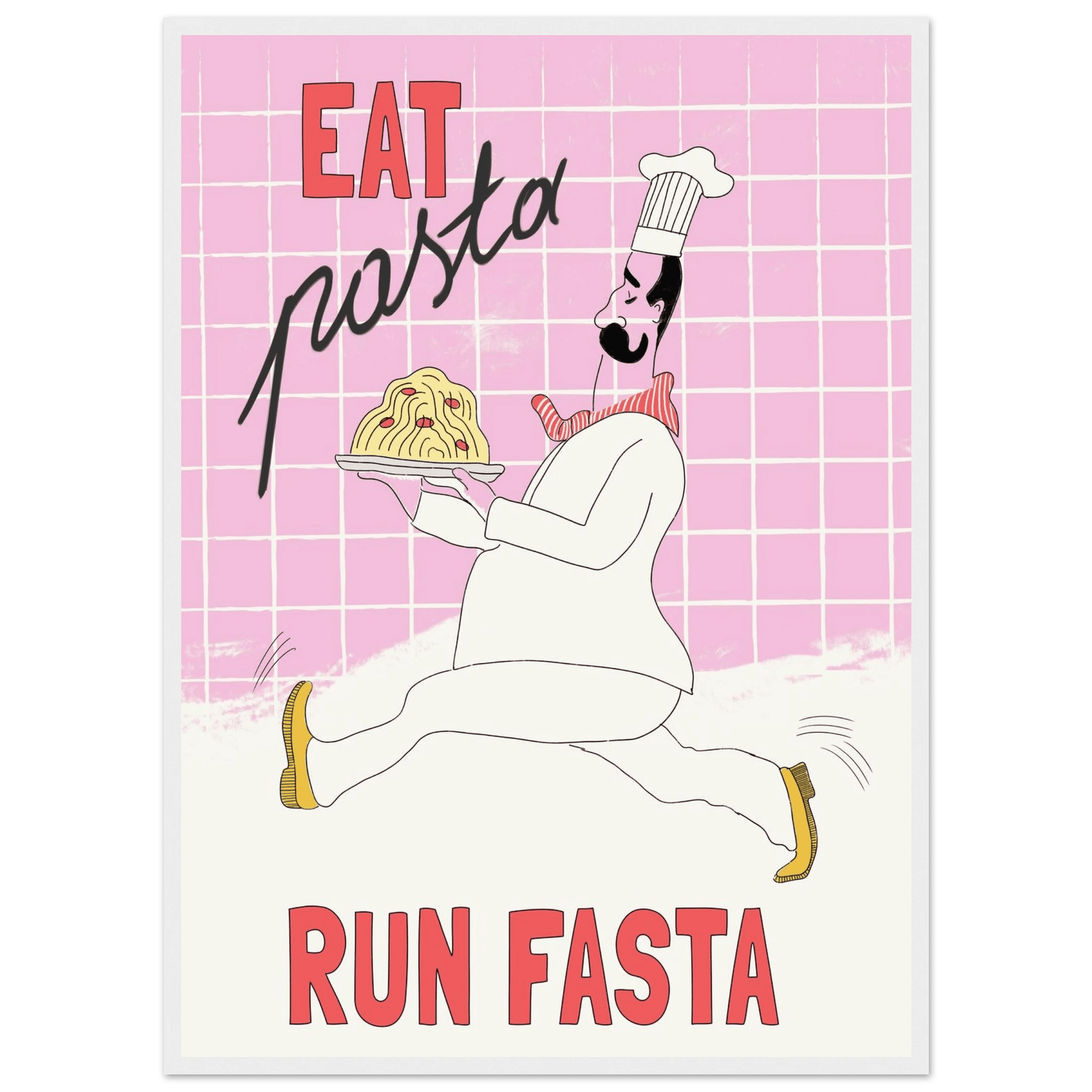 Eat Pasta Run Fasta Poster – Playful Kitchen Wall Art Print (Light Pink) - Evergreen Posters