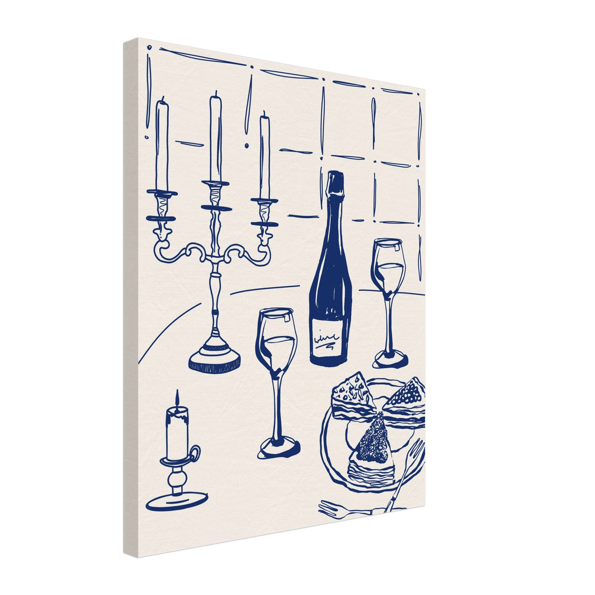 Candlelight Dinner Print | Navy Blue Wine & Candelabra Line Art | Kitchen Poster - Evergreen Posters