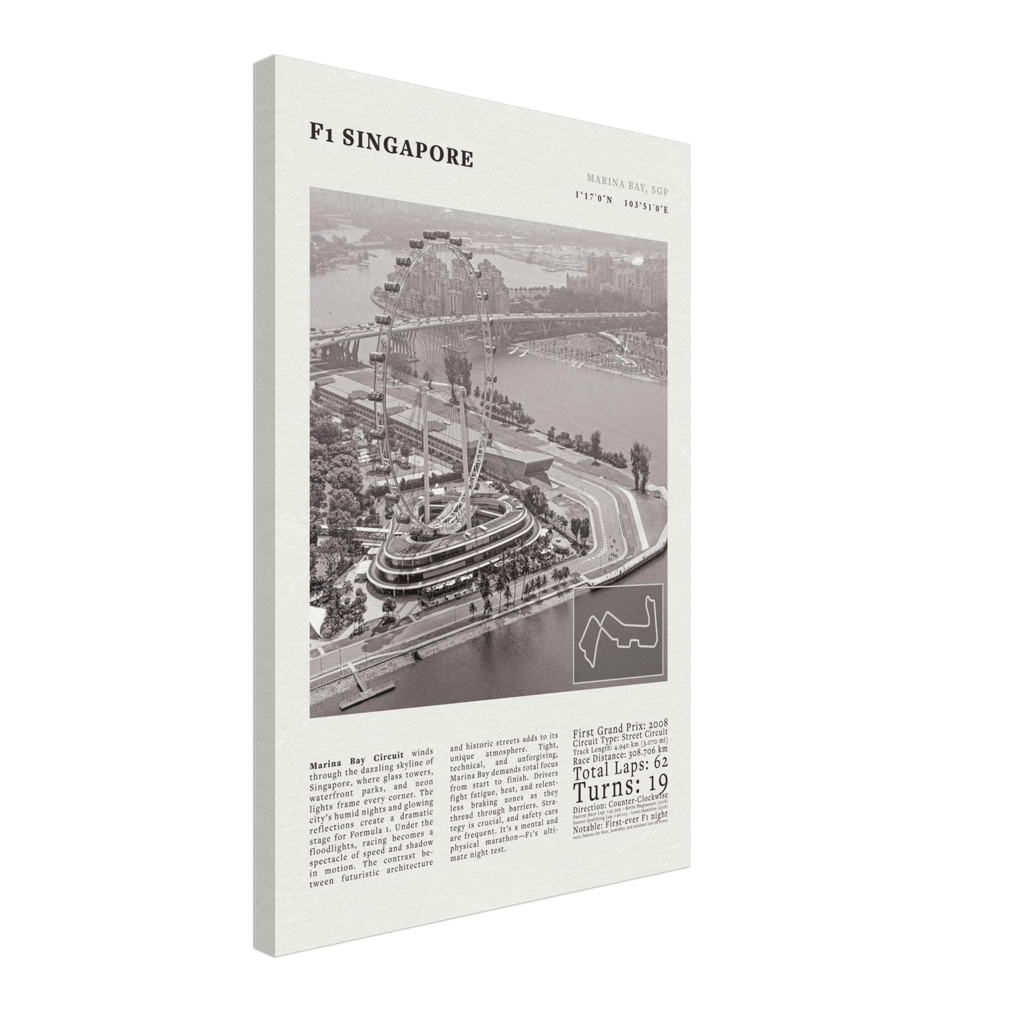 F1 Singapore Poster Black and White – Vintage Marina Bay Night Race Print (Digital & Printed Options) - Evergreen Posters
