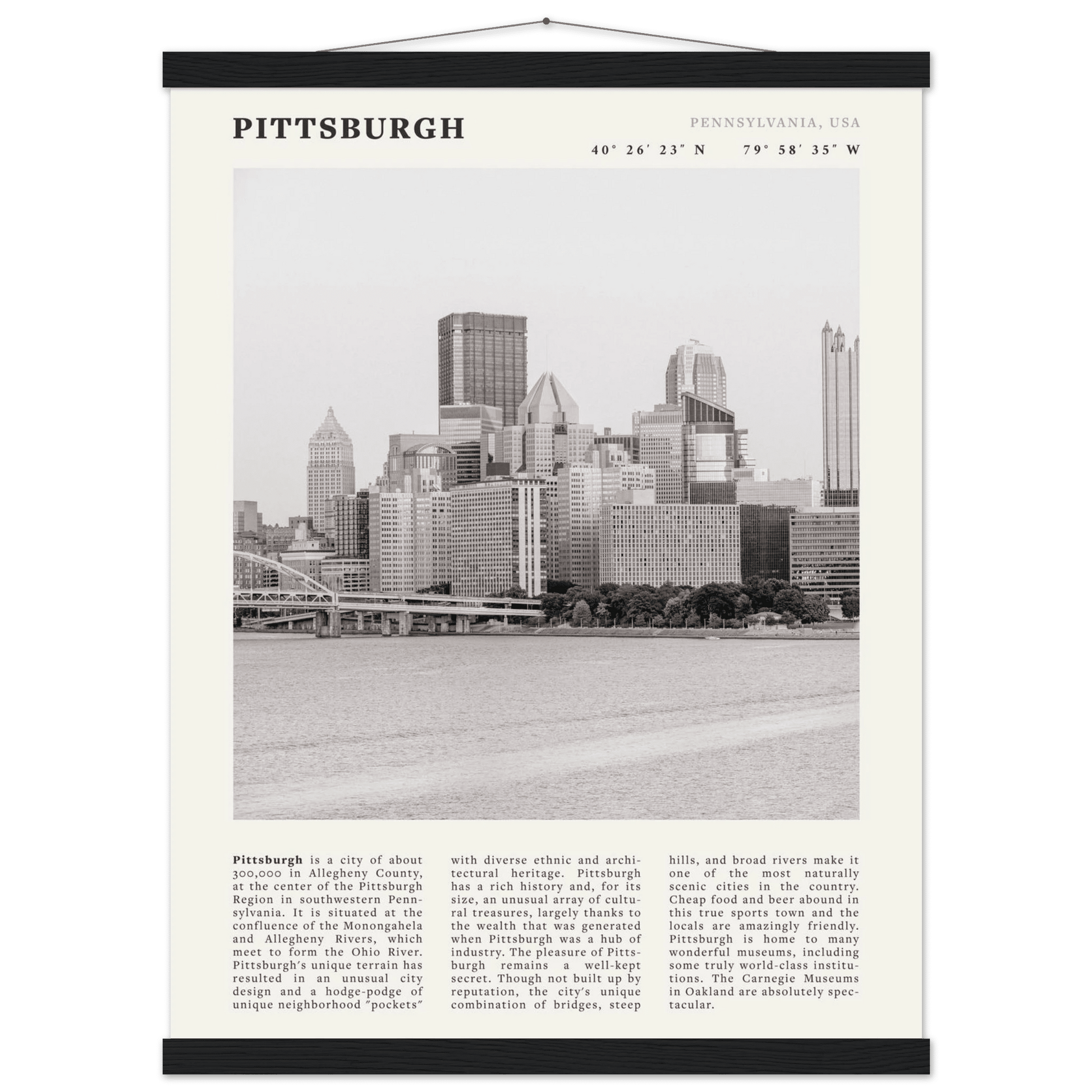 Pittsburgh Poster | Black & White Pennsylvania Skyline Wall Art | PA Travel Print - Evergreen Posters